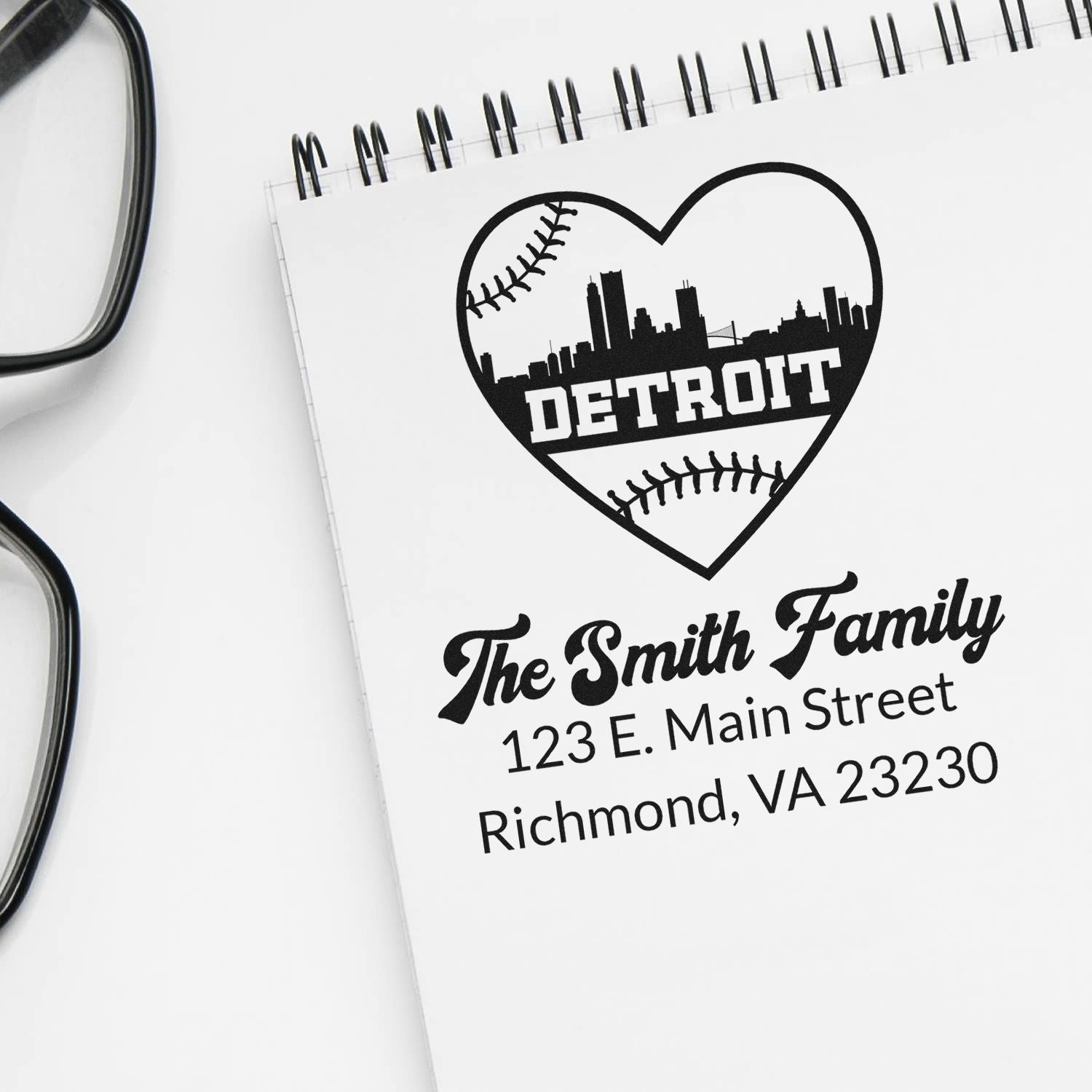 Personalized rubber stamp with Detroit heart baseball design, family name, and return address for custom mailing.
