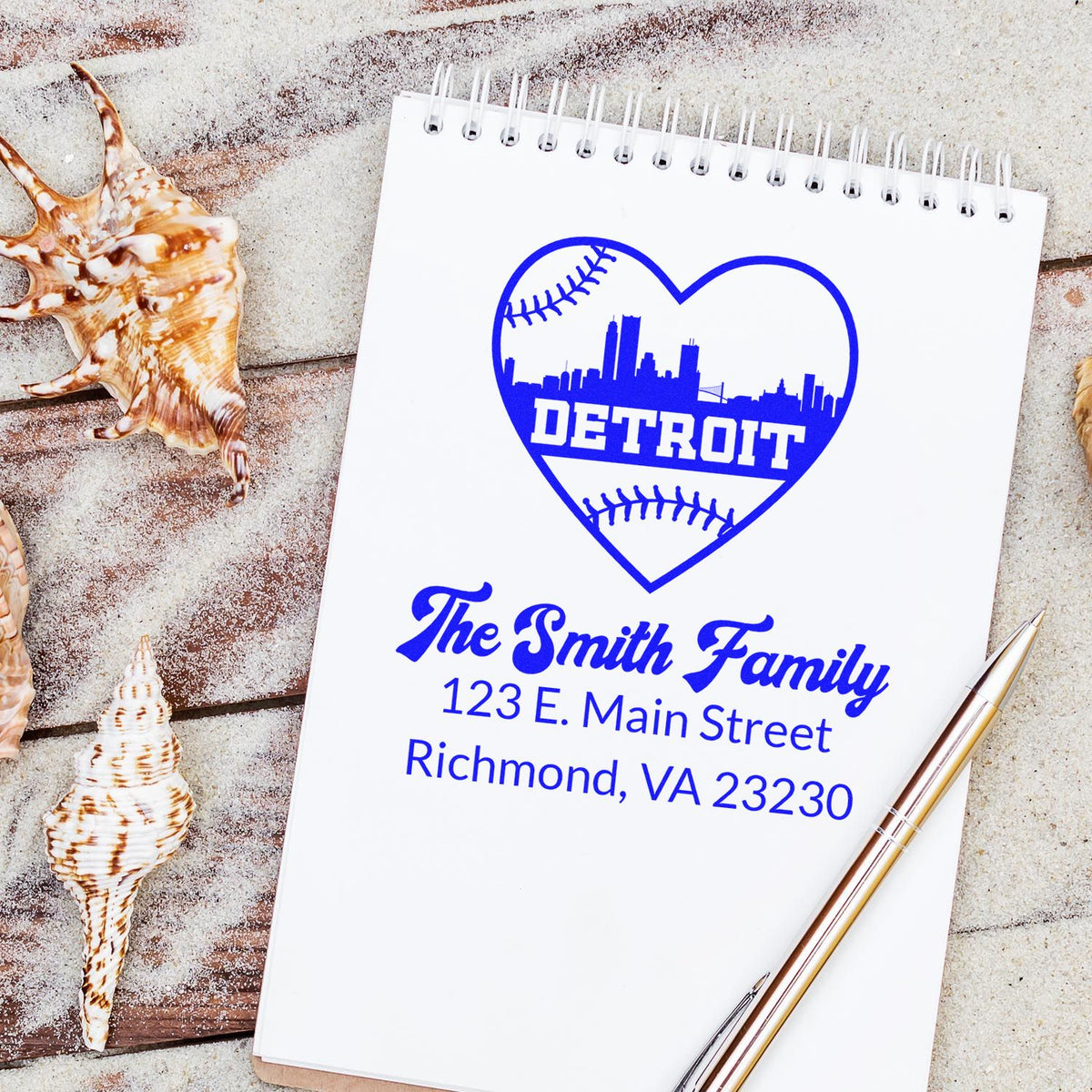Custom Detroit baseball heart rubber stamp with family name and return address for personalized mailing.