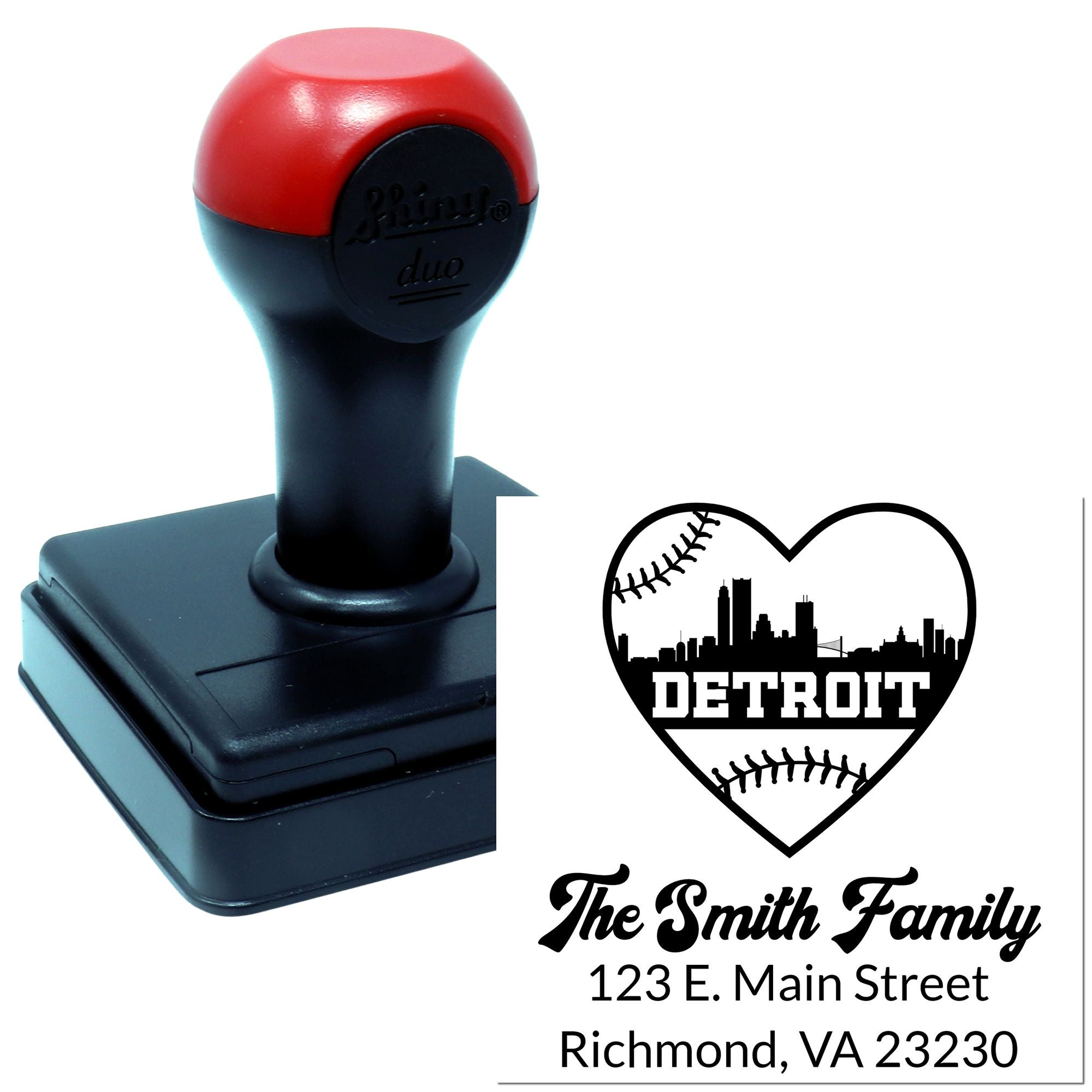 Custom self-inking rubber stamp with personalized Detroit baseball heart design and family return address imprint.