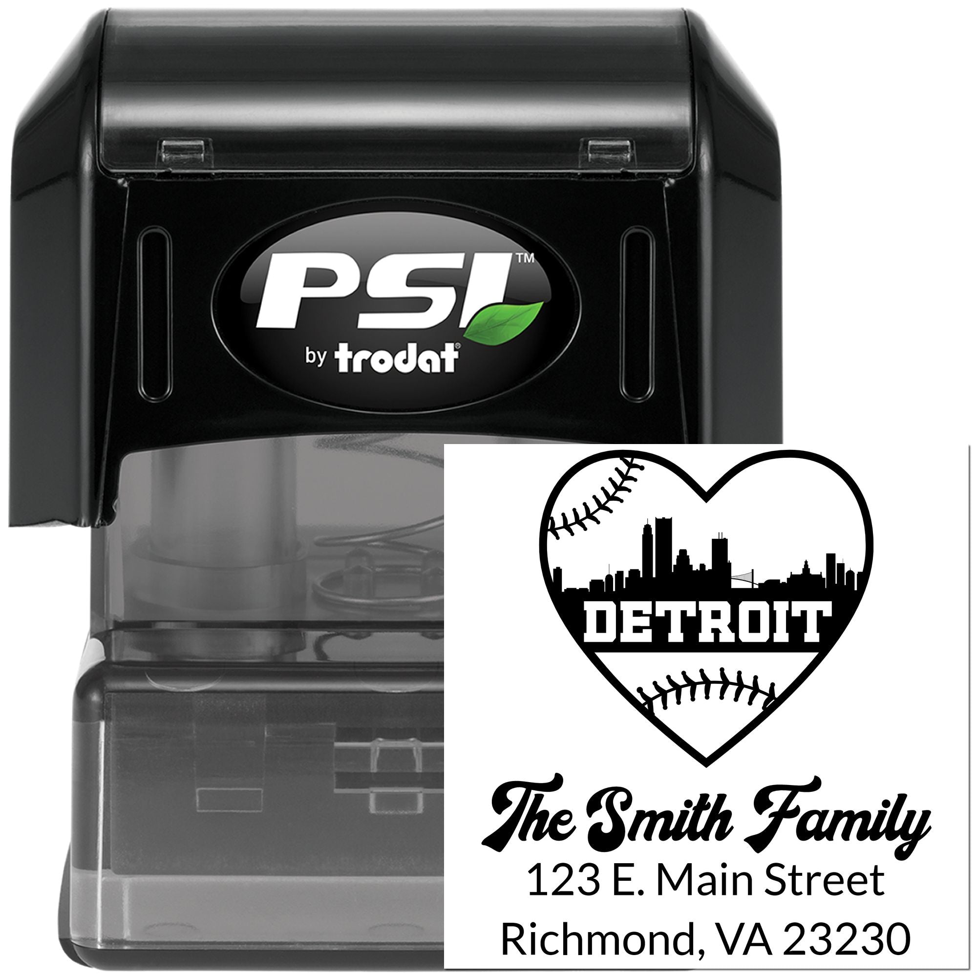 Custom self-inking PSI by Trodat rubber stamp with Detroit baseball heart and Smith Family return address design.