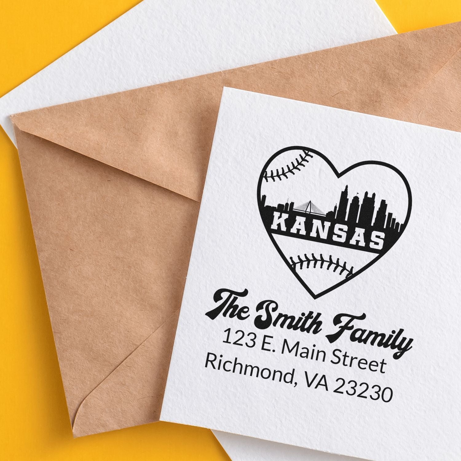 Custom family address rubber stamp with Kansas baseball heart design, showing a personalized return address for envelopes.