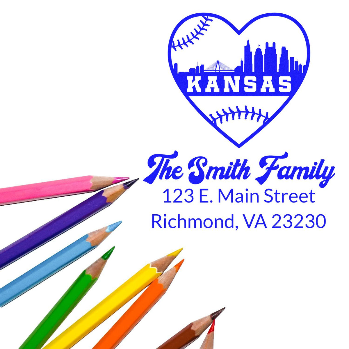 Custom Kansas family address rubber stamp with heart skyline, baseball motif, The Smith Family, Richmond VA 23230.