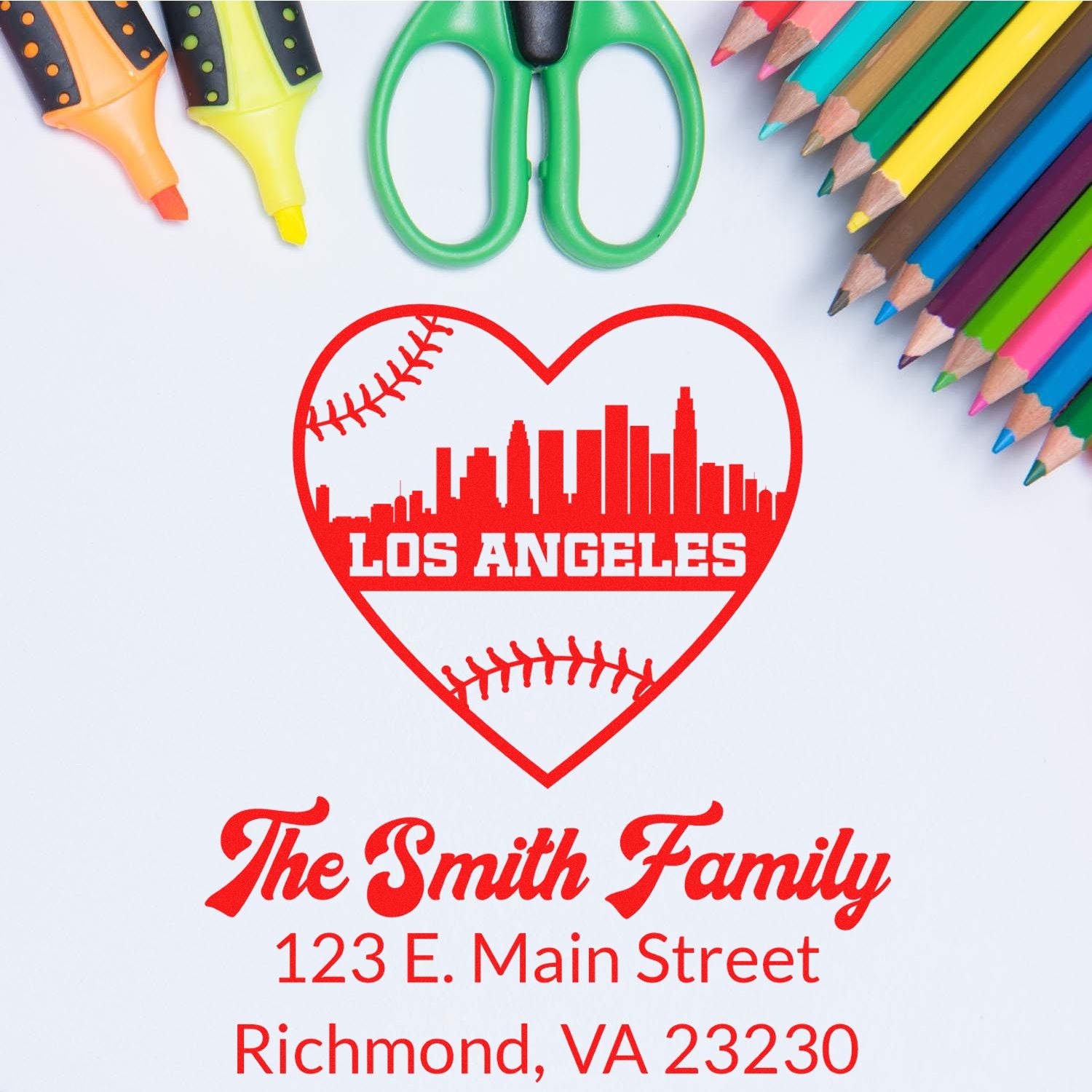 Custom rubber stamp design with Los Angeles baseball heart logo and personalized family return address stamp text.
