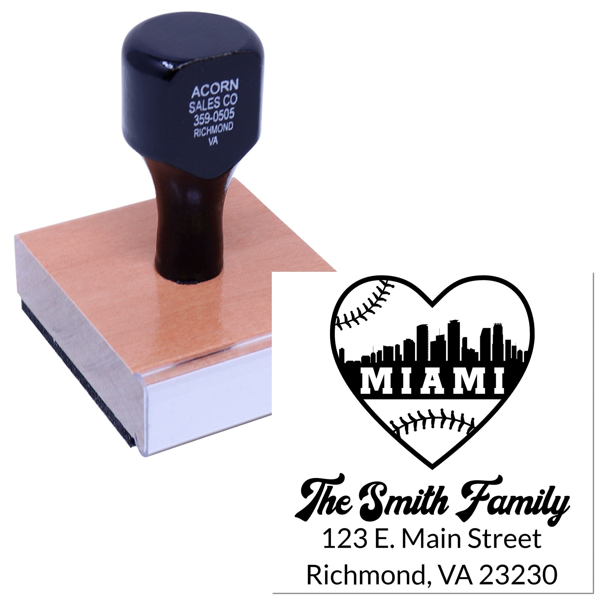 Custom rubber stamp with Miami heart skyline and personalized family address design for crafts, branding, and envelopes