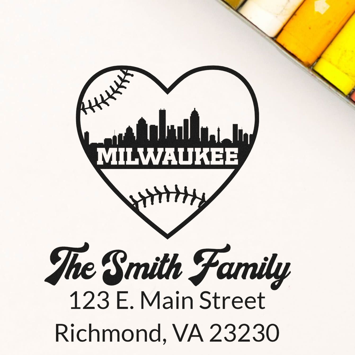 Personalized return address rubber stamp with Milwaukee skyline heart, Smith Family name, and Richmond, VA address.