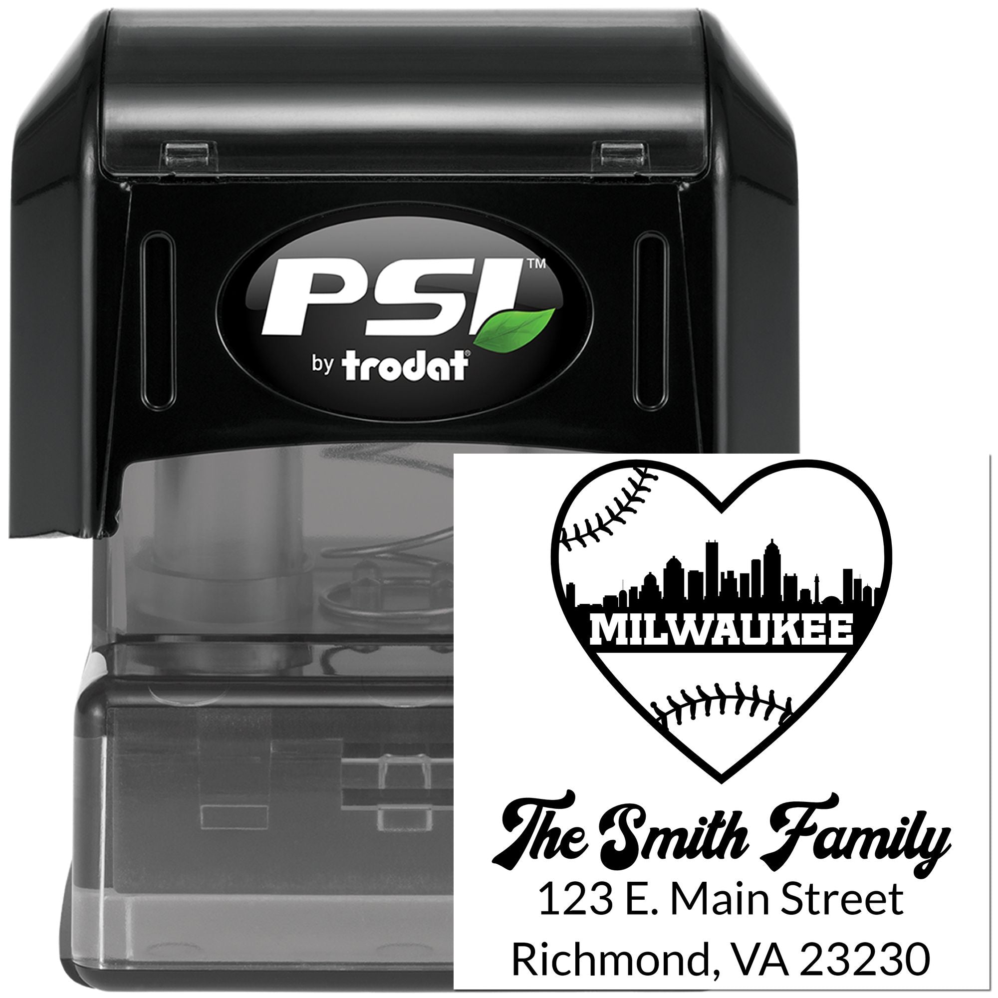 PSI by Trodat self-inking rubber stamp with custom Milwaukee heart skyline design and Smith Family address imprint.