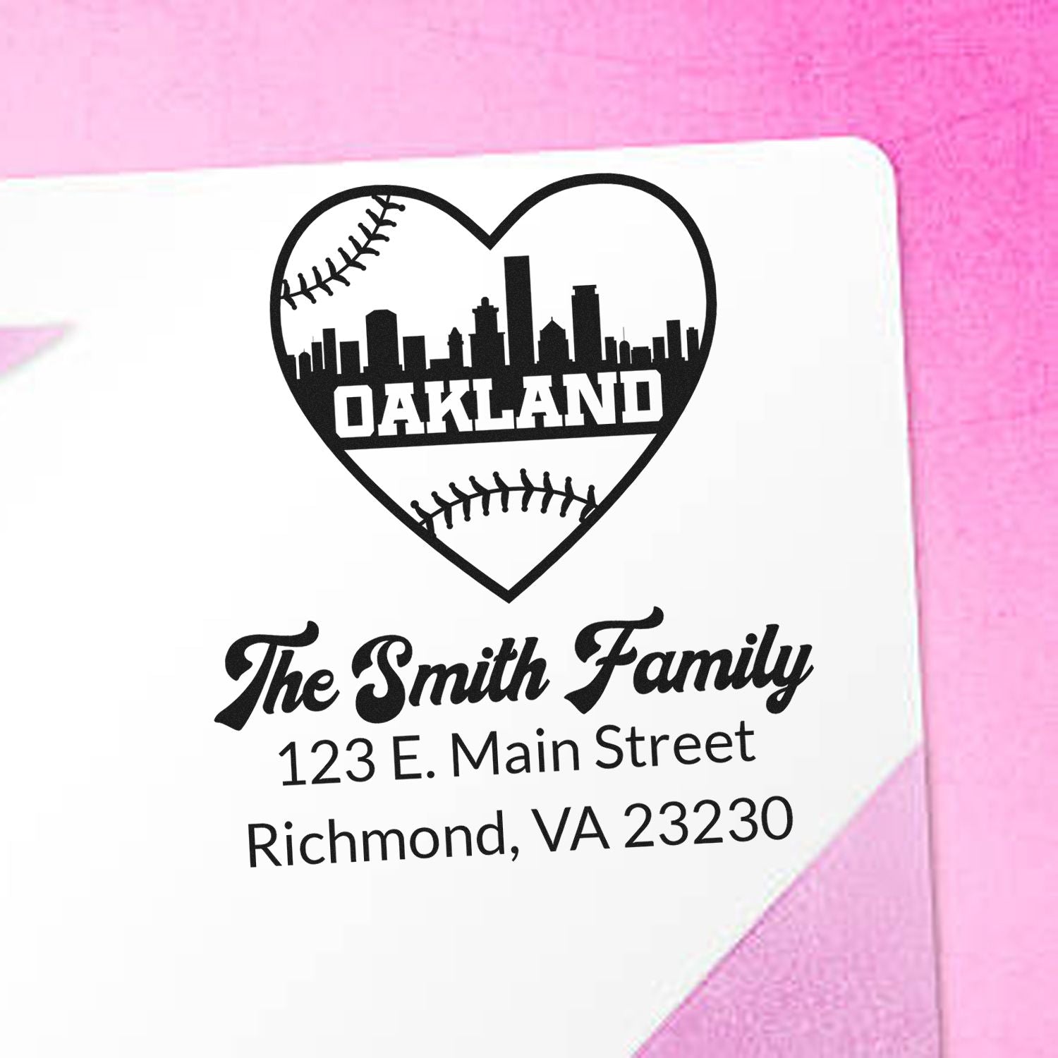 Custom Oakland baseball heart return address rubber stamp for The Smith Family, Richmond, VA.