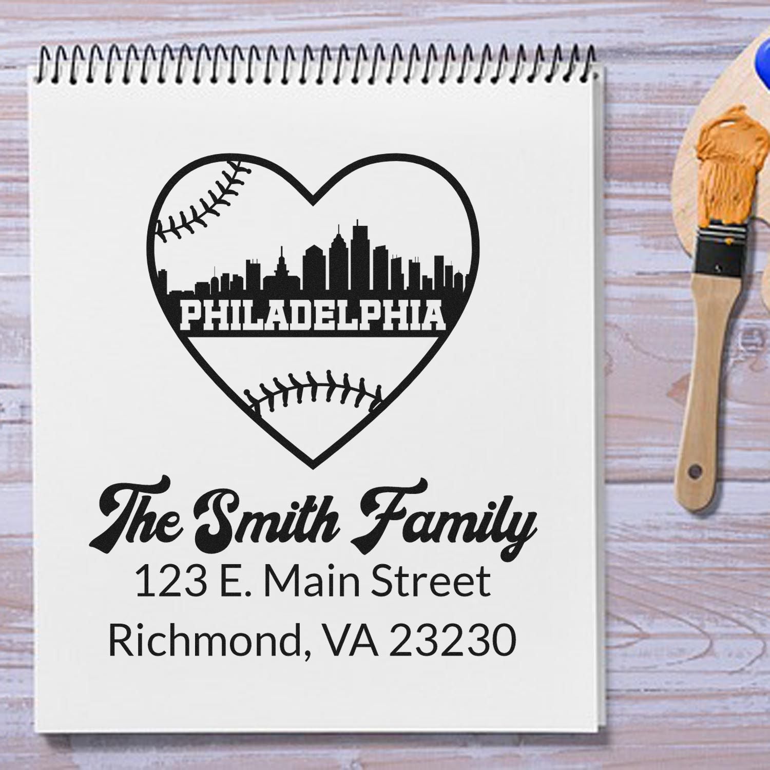 Custom Philadelphia baseball family return address rubber stamp with heart skyline design for The Smith Family, Richmond VA