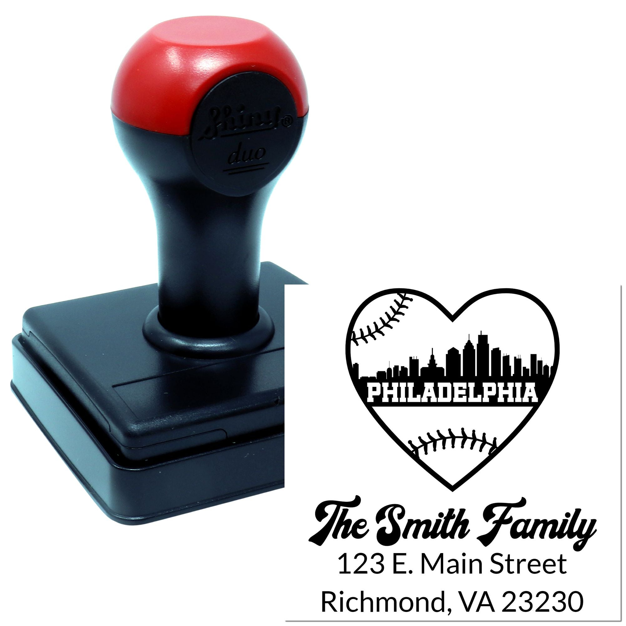 Custom self-inking return address stamp for The Smith Family with Philadelphia baseball heart logo.
