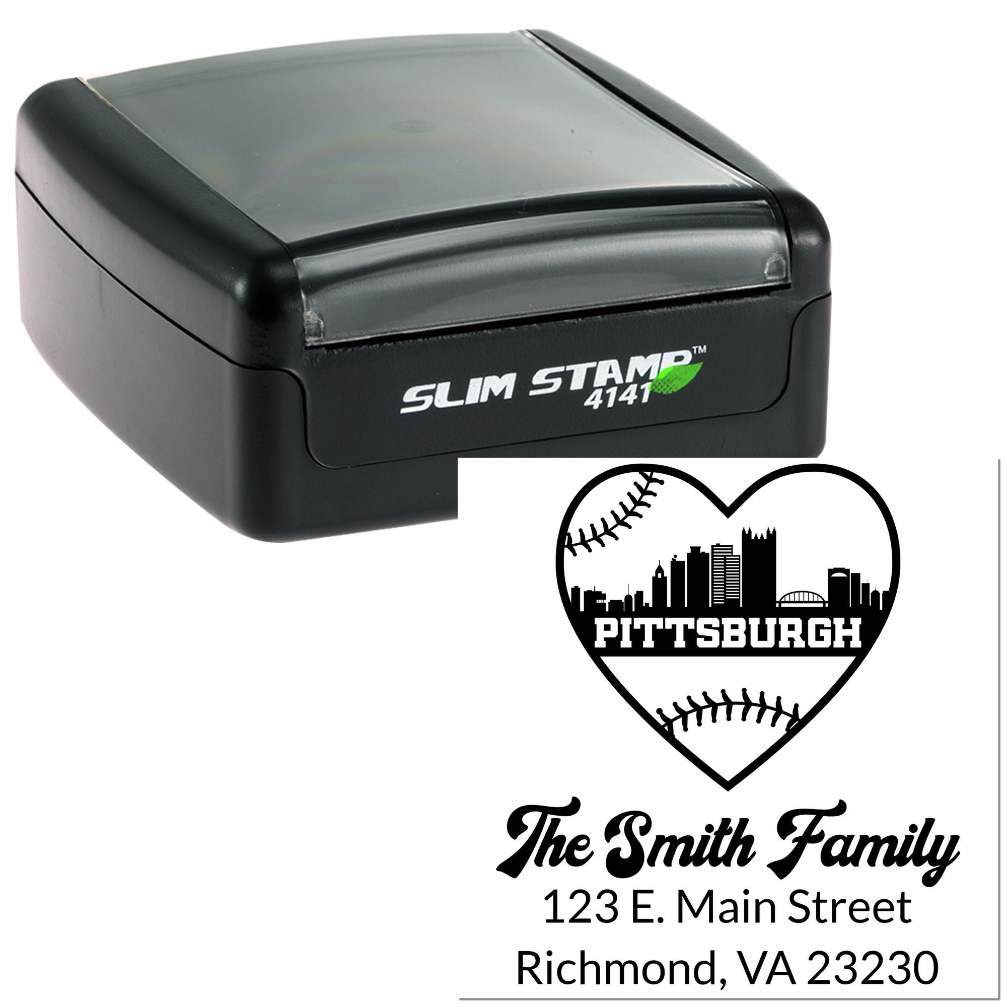 Custom slim rubber stamp with Pittsburgh heart baseball design and The Smith Family address block