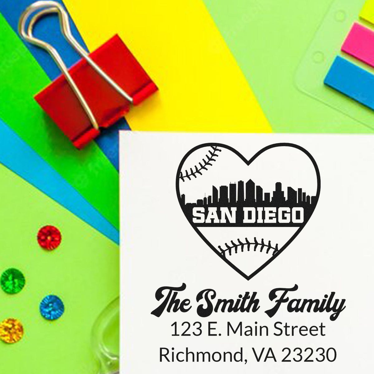 Personalized rubber stamp design with San Diego baseball heart logo, Smith family name, and return address