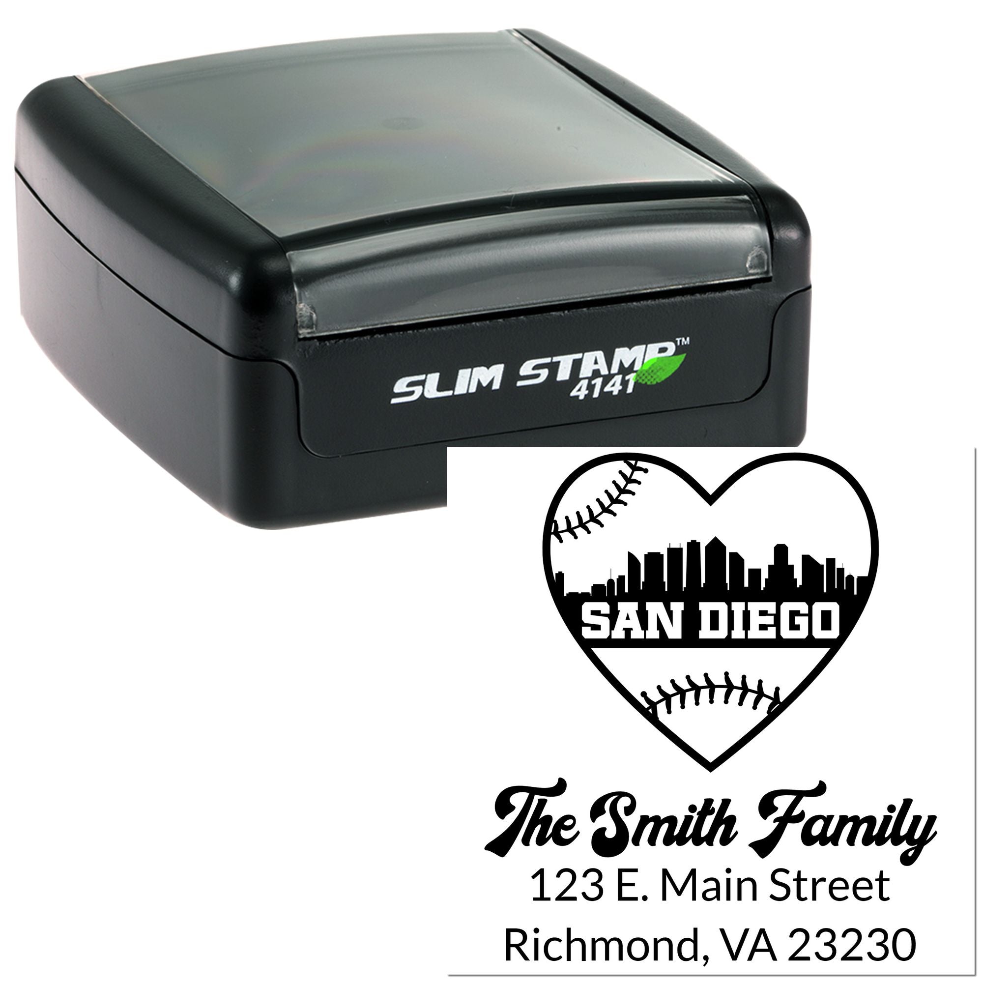 Custom slim self-inking rubber address stamp with baseball heart design, The Smith Family name, and mailing address.