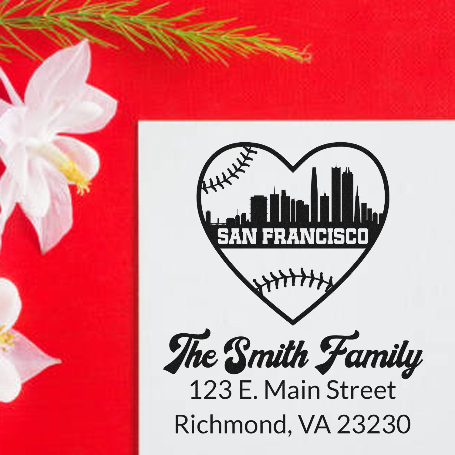 Custom San Francisco baseball heart address rubber stamp for The Smith Family, Richmond, VA 23230