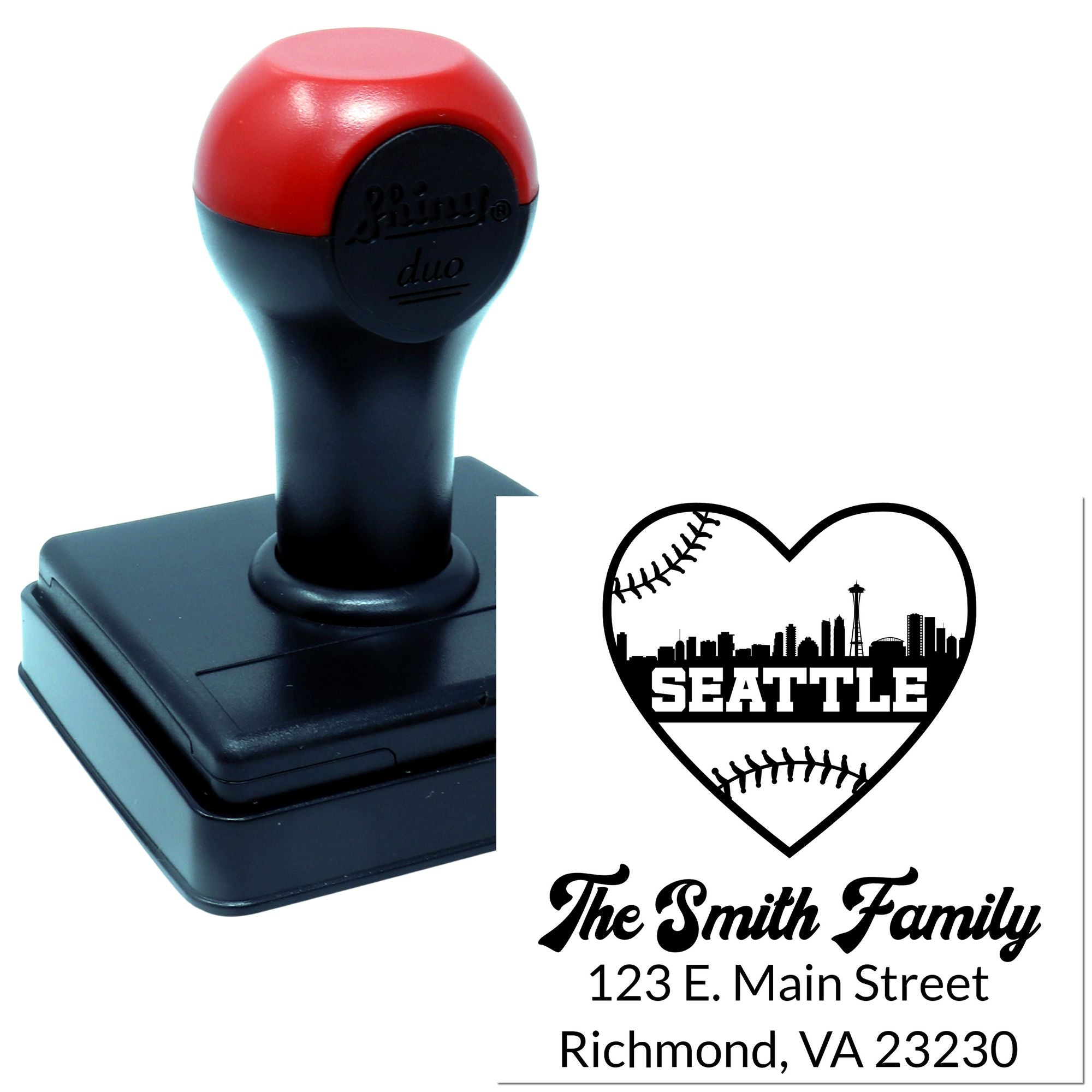 Custom self-inking rubber stamp with Seattle heart baseball design and Smith Family return address.