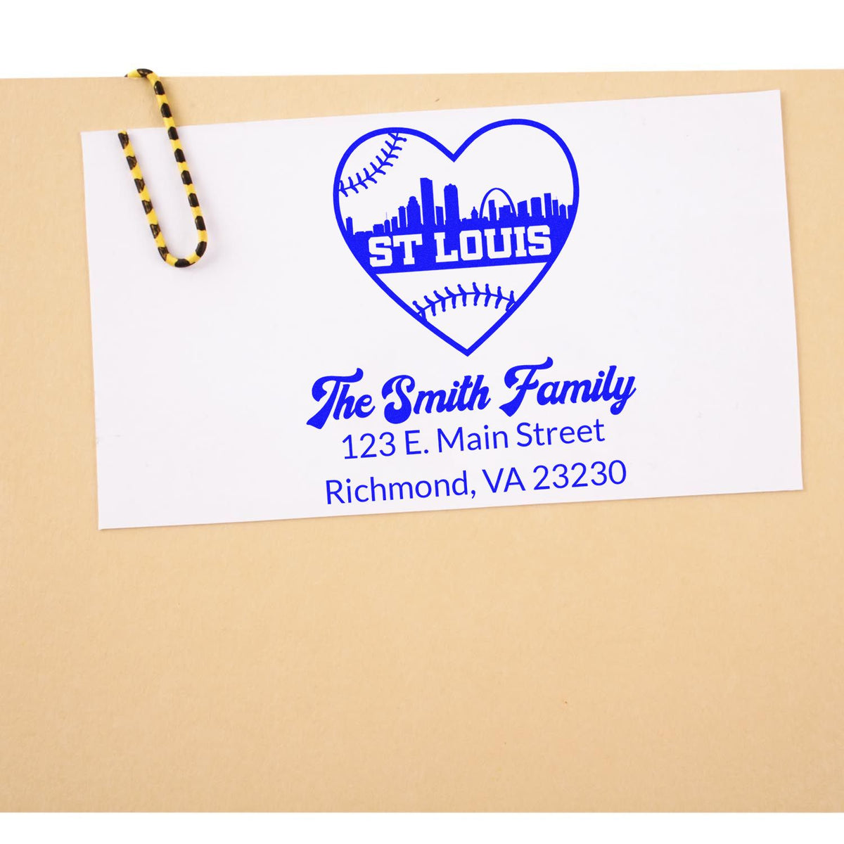 Custom St. Louis baseball heart return address rubber stamp for The Smith Family, Richmond, VA personalized mail stamp.