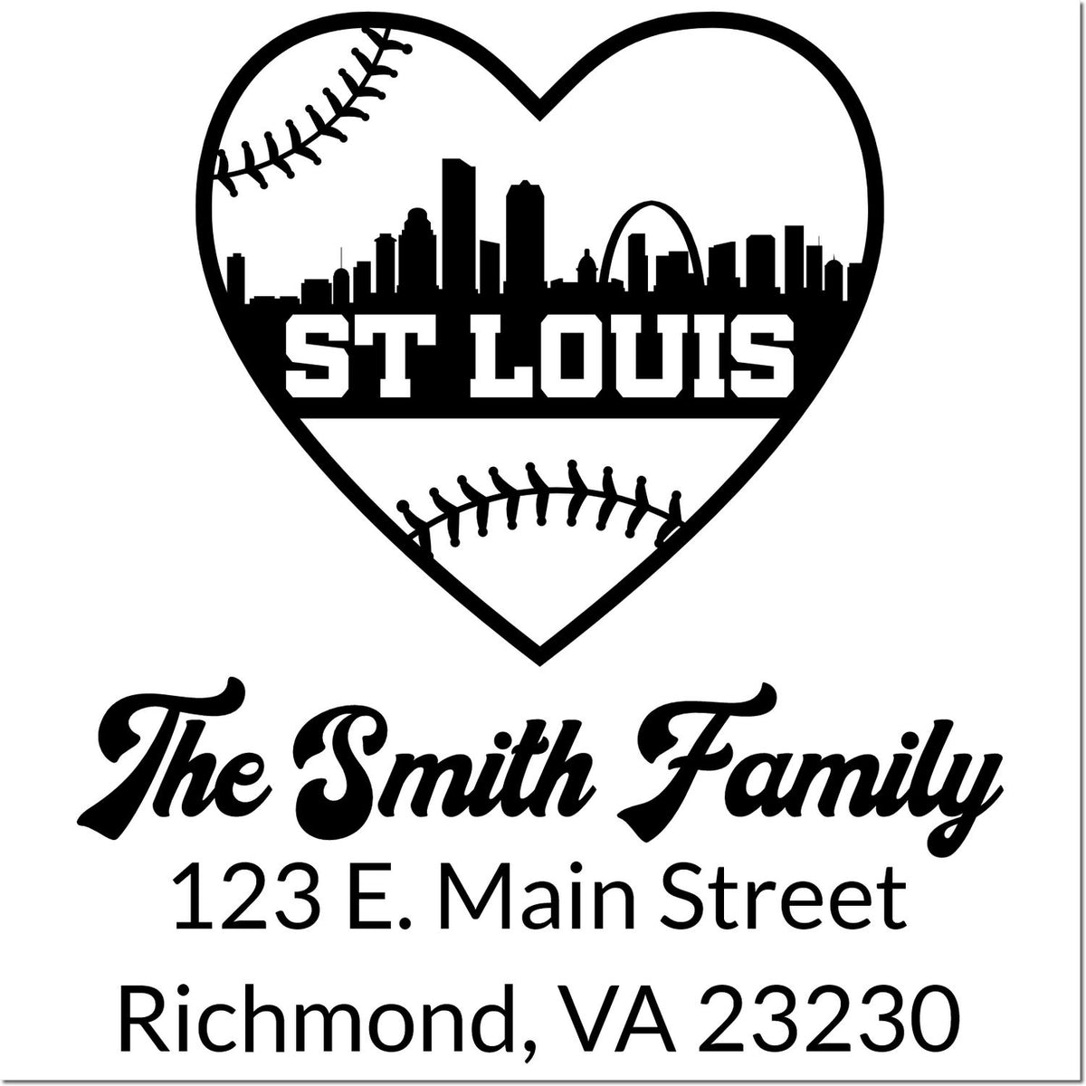 Custom return address rubber stamp with St. Louis skyline heart baseball design, The Smith Family, Richmond, VA 23230.