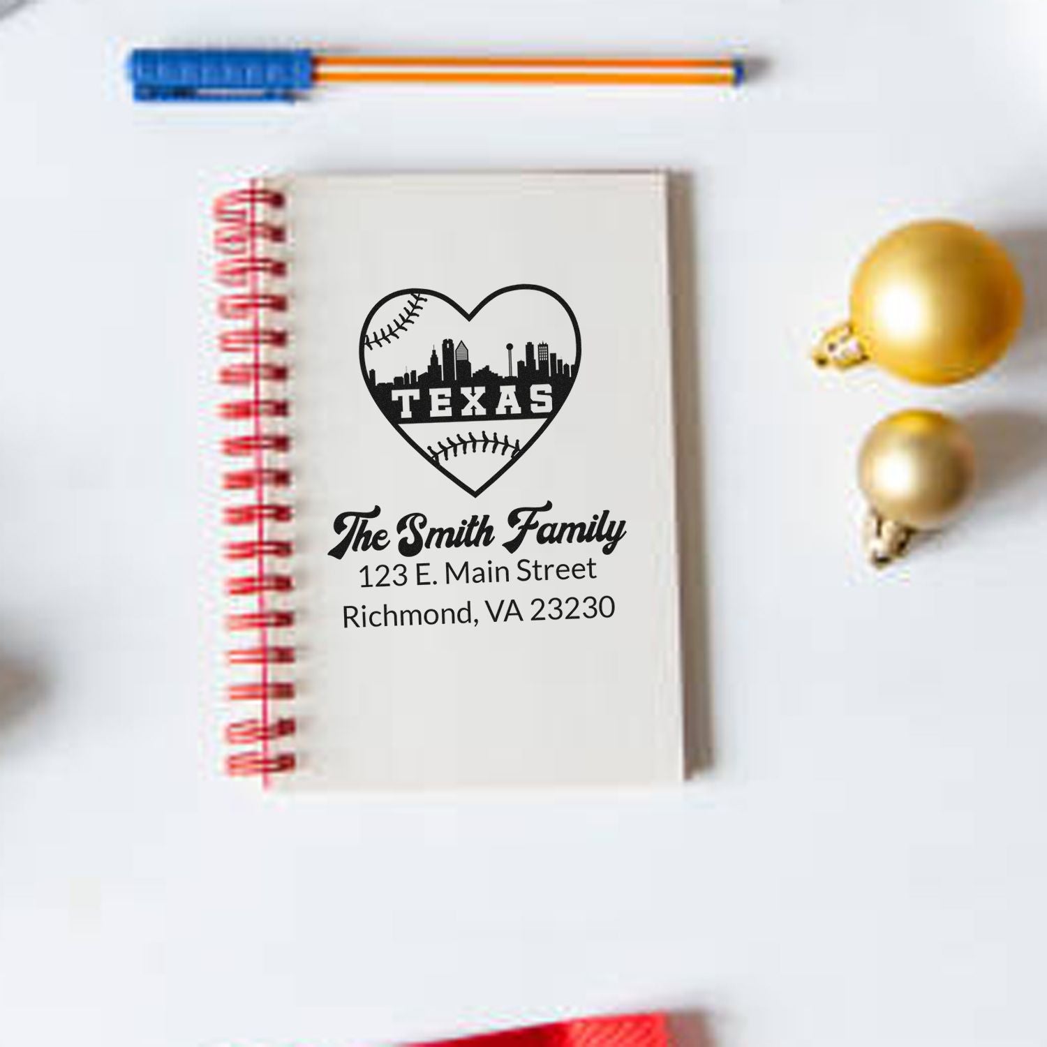 Custom Texas family address rubber stamp with heart baseball skyline design for personalized stationery and gifts.