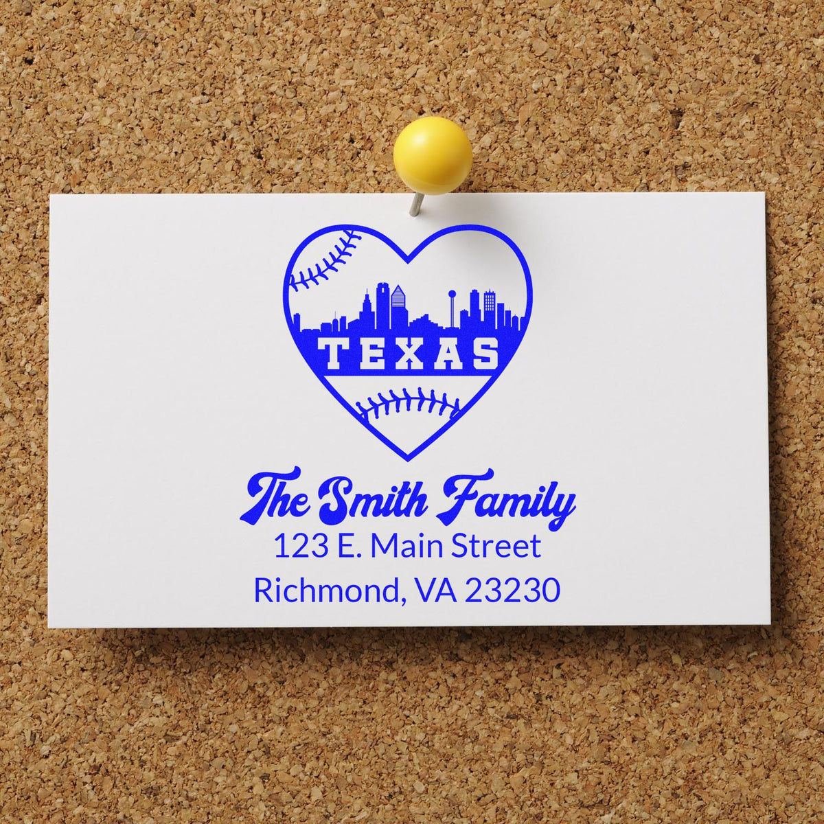 Personalized Texas baseball return address stamp with heart skyline design for The Smith Family, Richmond, VA 23230.