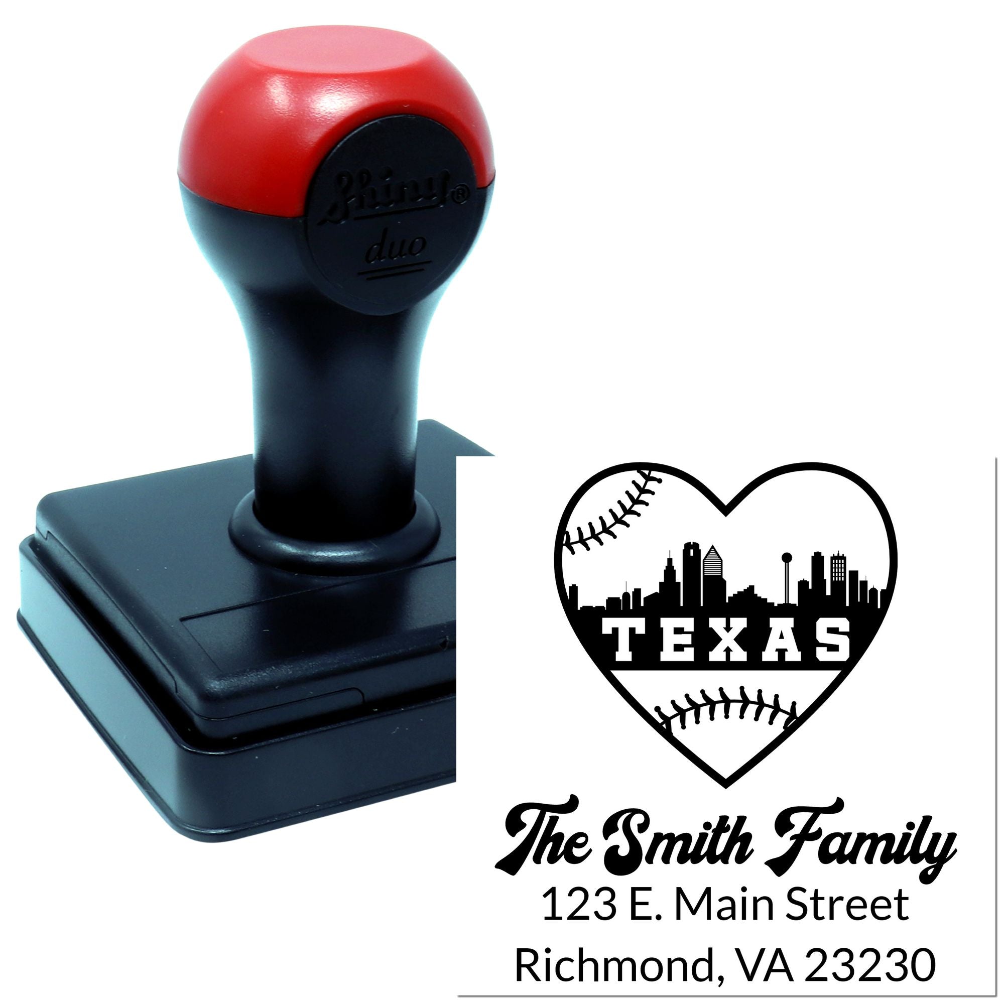 Custom self-inking rubber stamp with Texas baseball heart design and Smith family address for personalized return mail.