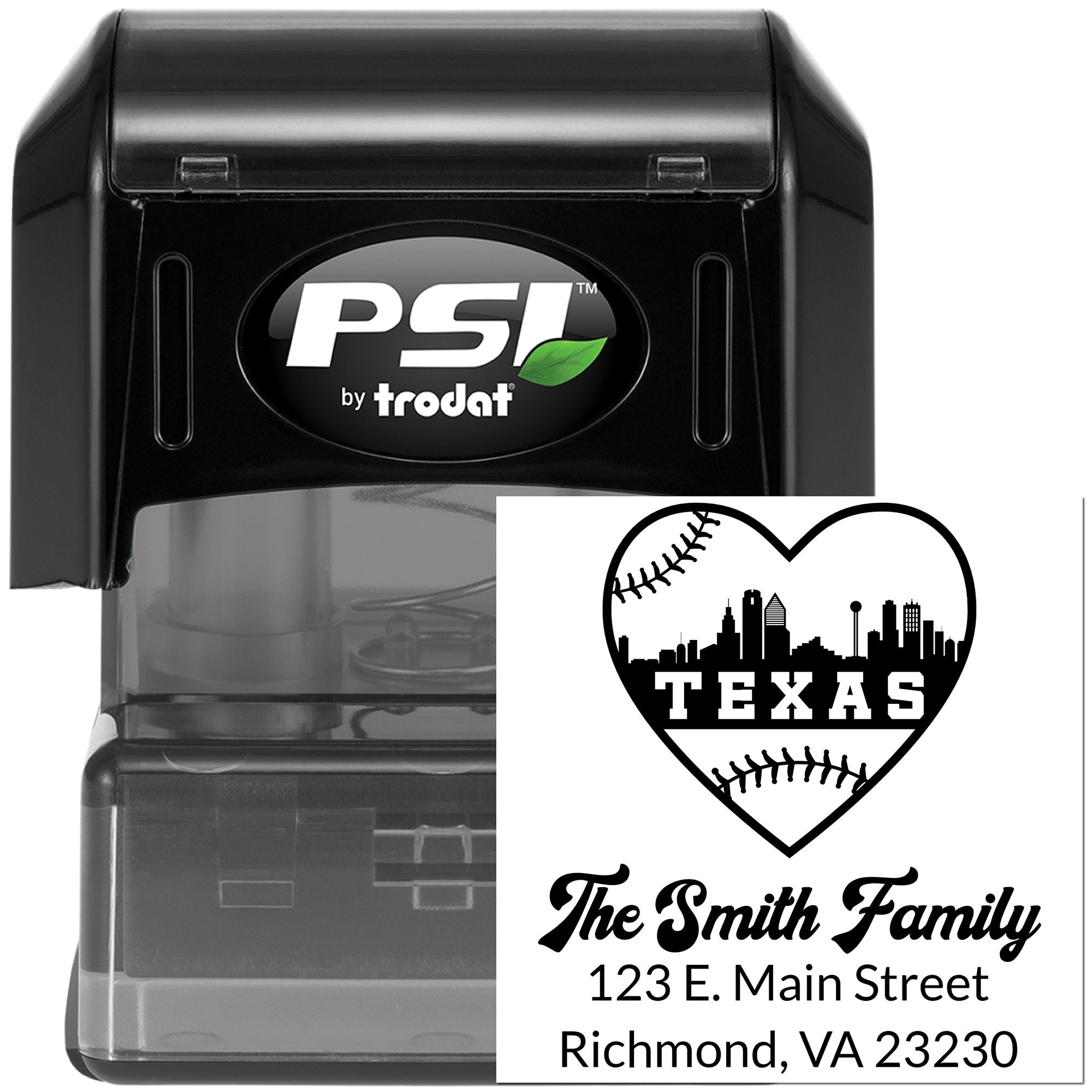 Custom self-inking rubber address stamp by PSI Trodat with Texas baseball heart design for The Smith Family return address.