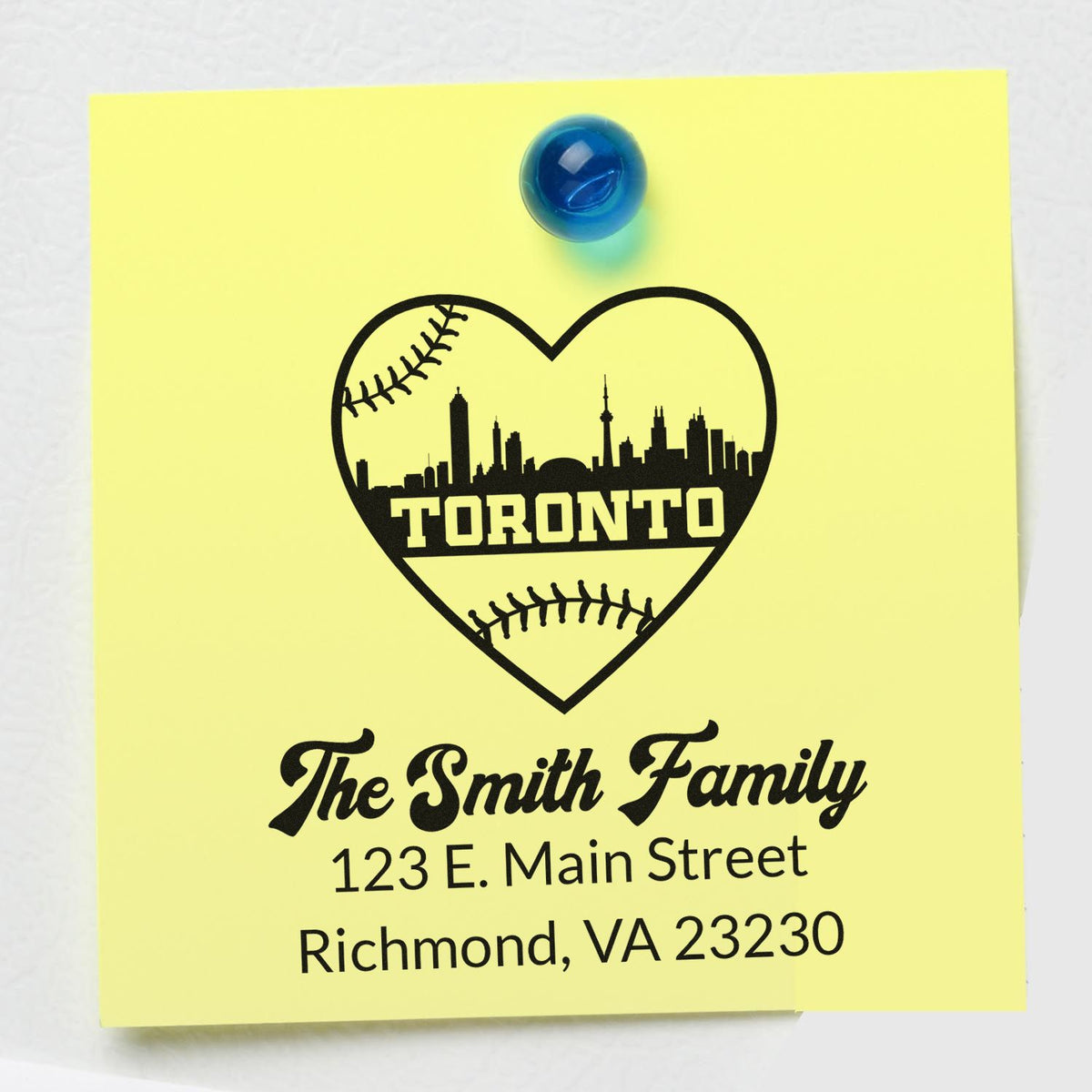 Custom return address rubber stamp with Toronto skyline heart and baseball design for The Smith Family.