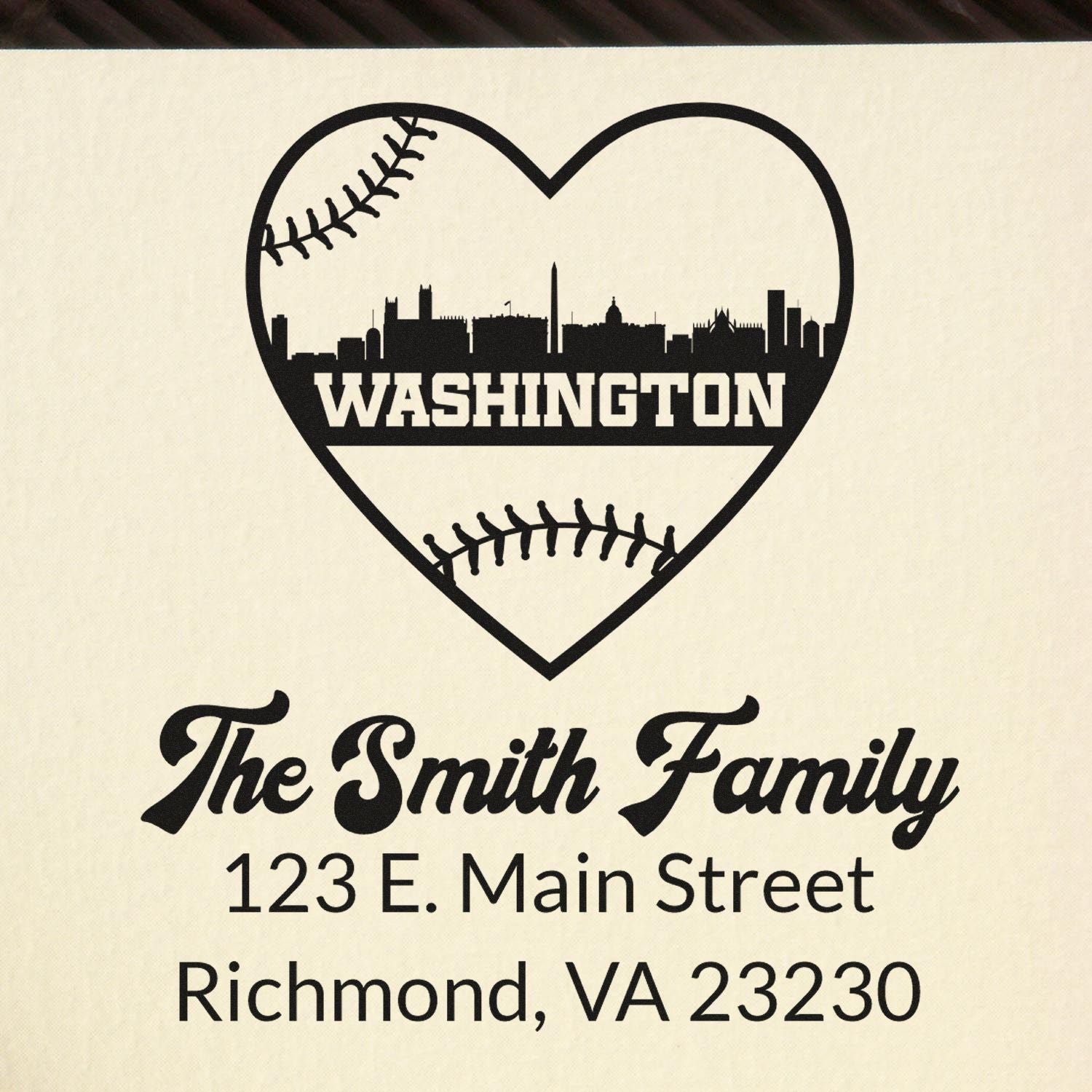 Personalized family address stamp with Washington baseball heart design, The Smith Family, Richmond, VA 23230.