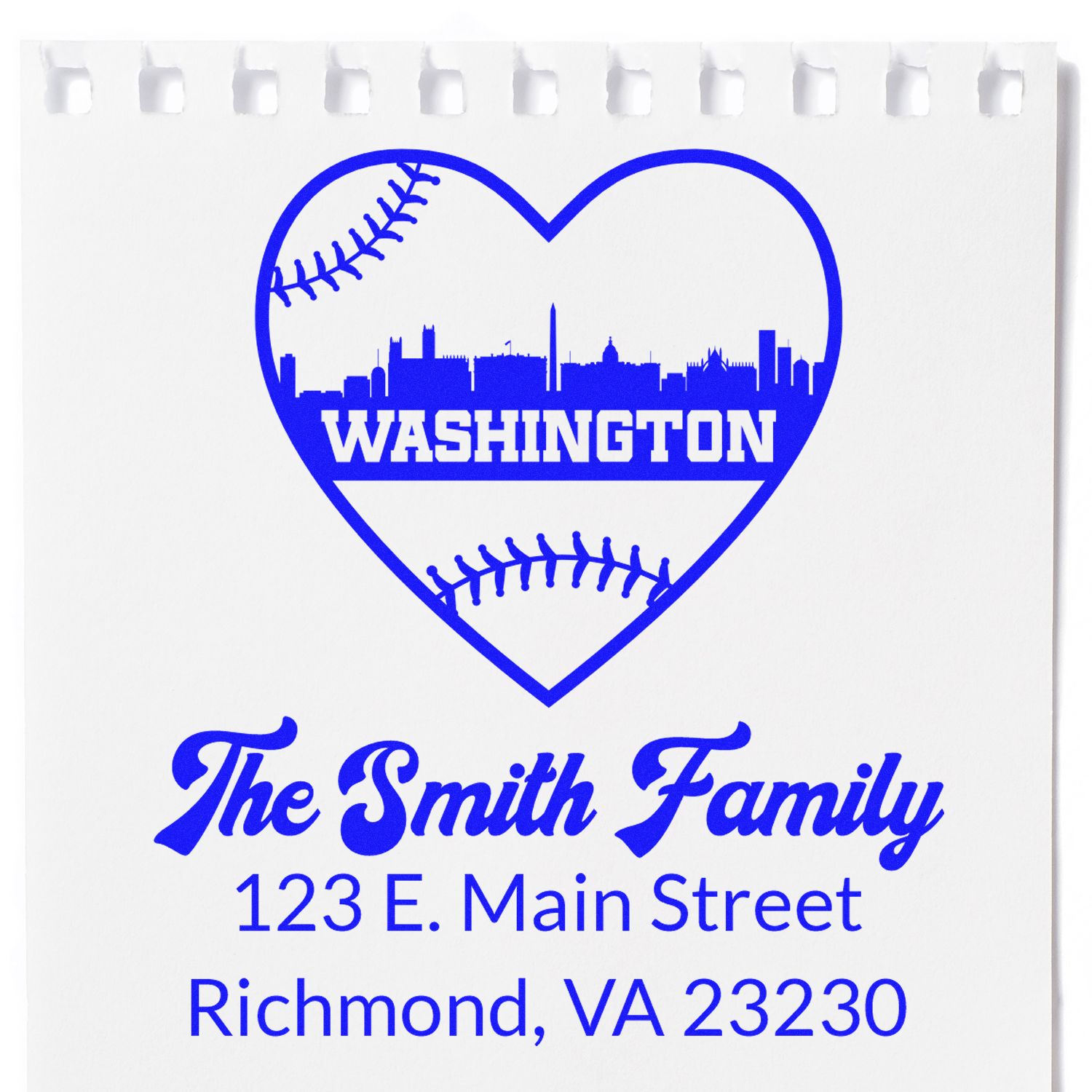 Custom Washington baseball heart skyline family address rubber stamp for The Smith Family, Richmond, VA 23230.