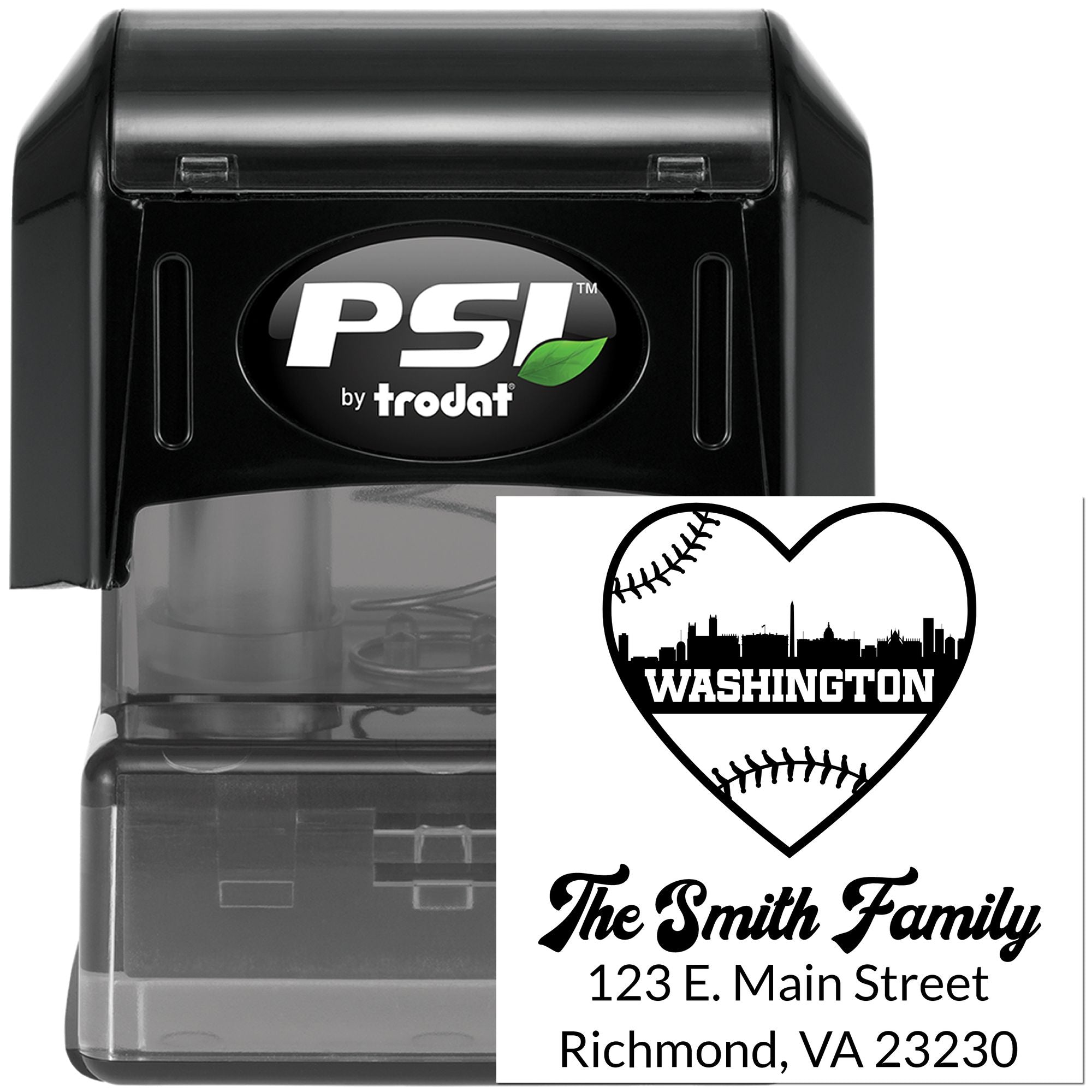 PSI by Trodat self-inking rubber stamp with custom family address imprint and Washington baseball heart design.