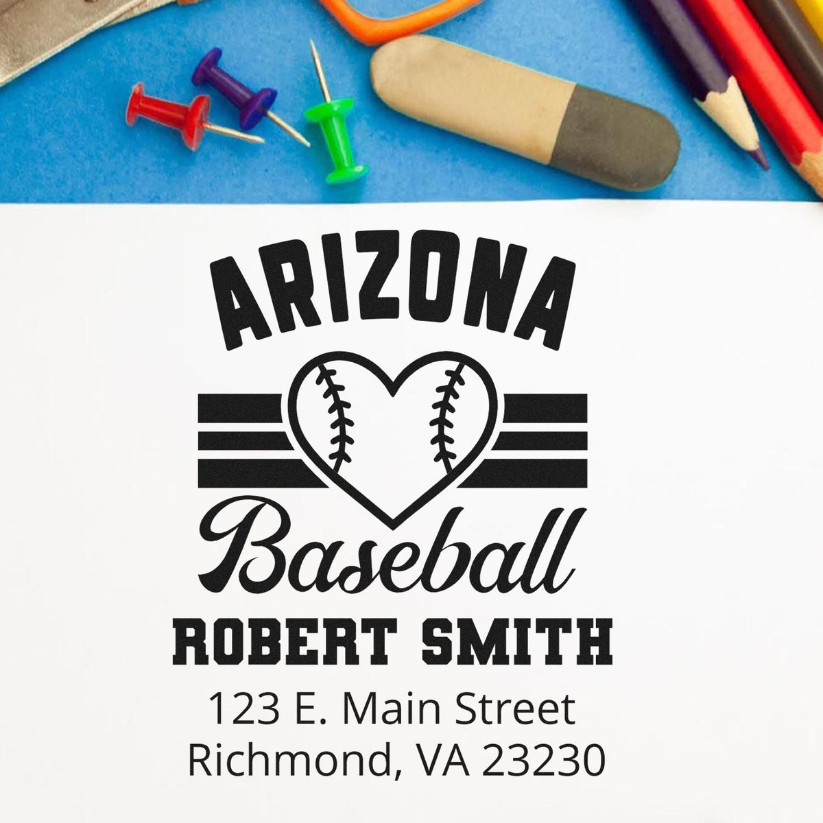 Custom Arizona Baseball personalized rubber stamp design with Robert Smith name and address for team stationery.