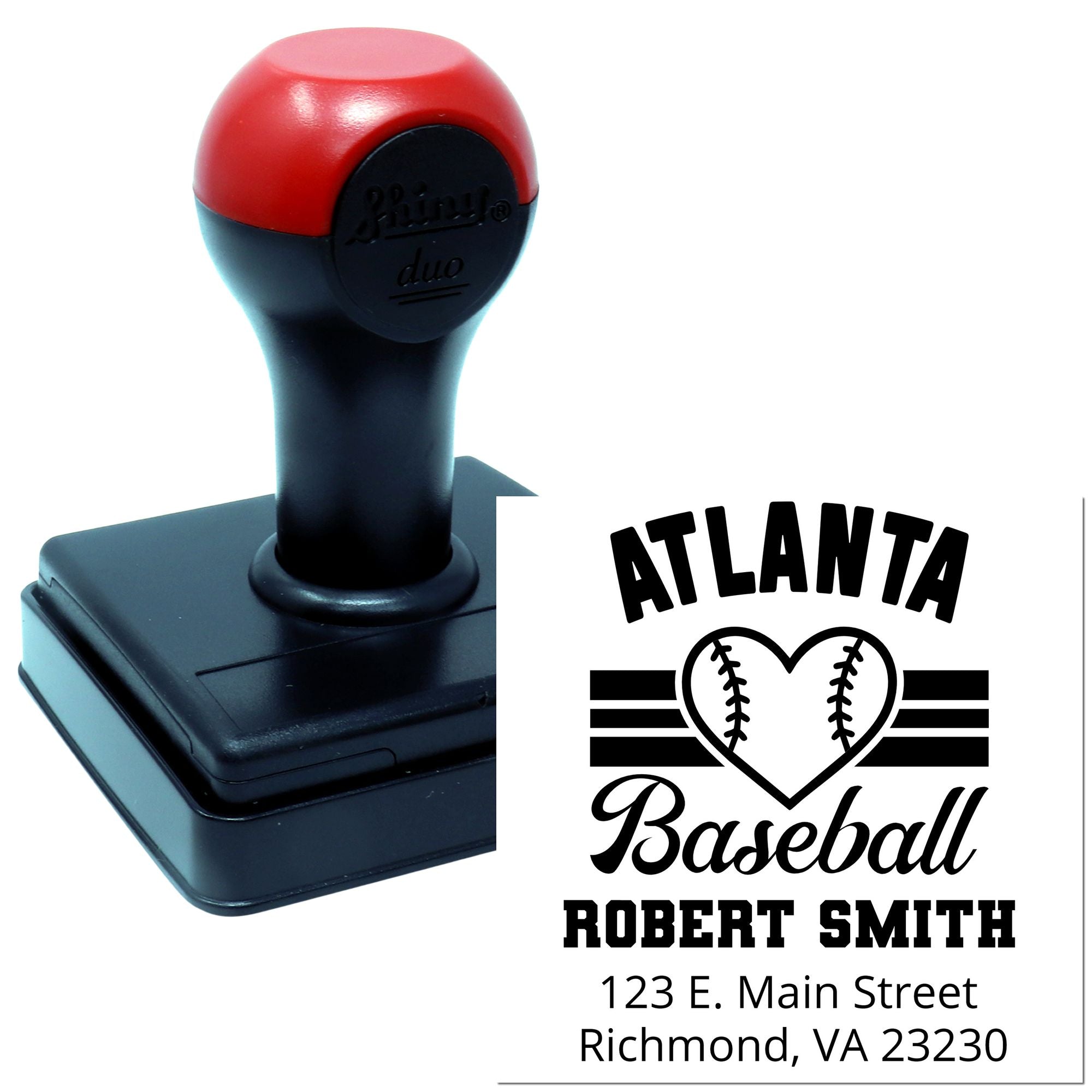 Custom self-inking rubber stamp with Atlanta Baseball design, personalized name, and mailing address for sports-themed envelopes.