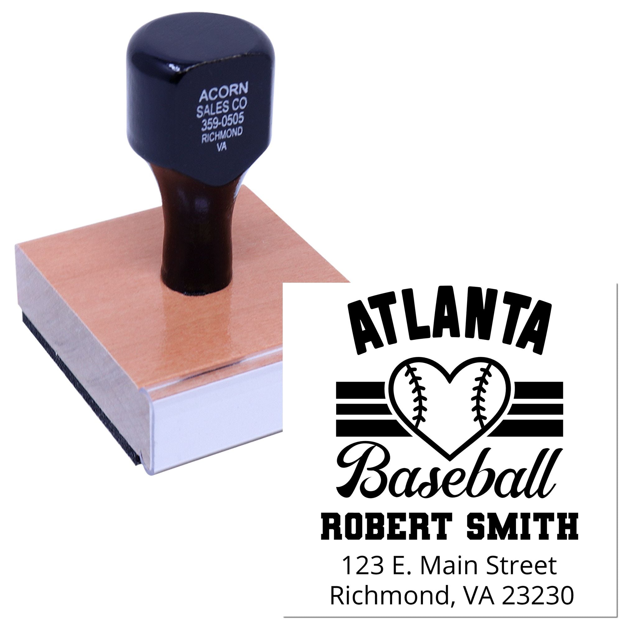 Personalized baseball rubber stamp with Atlanta heart design, Robert Smith name, and Richmond, VA address for return mail.
