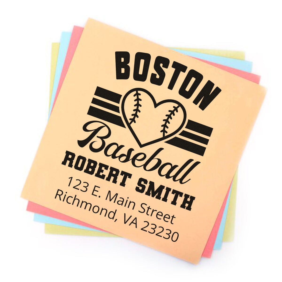 Custom Boston baseball rubber stamp with heart-ball design and return address for Robert Smith, Richmond, VA.