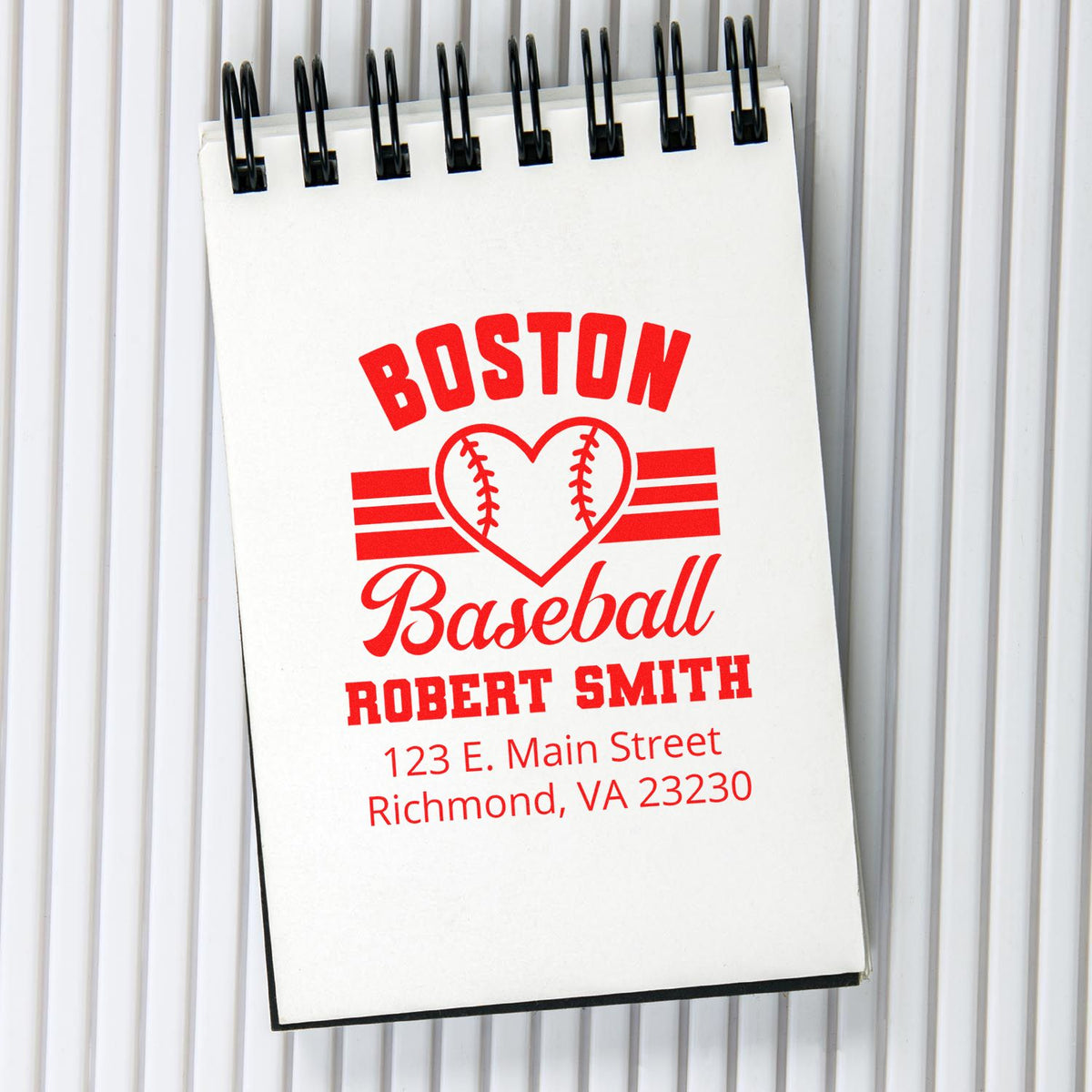 Personalized Boston baseball rubber stamp with name and address for Robert Smith, Richmond, VA.