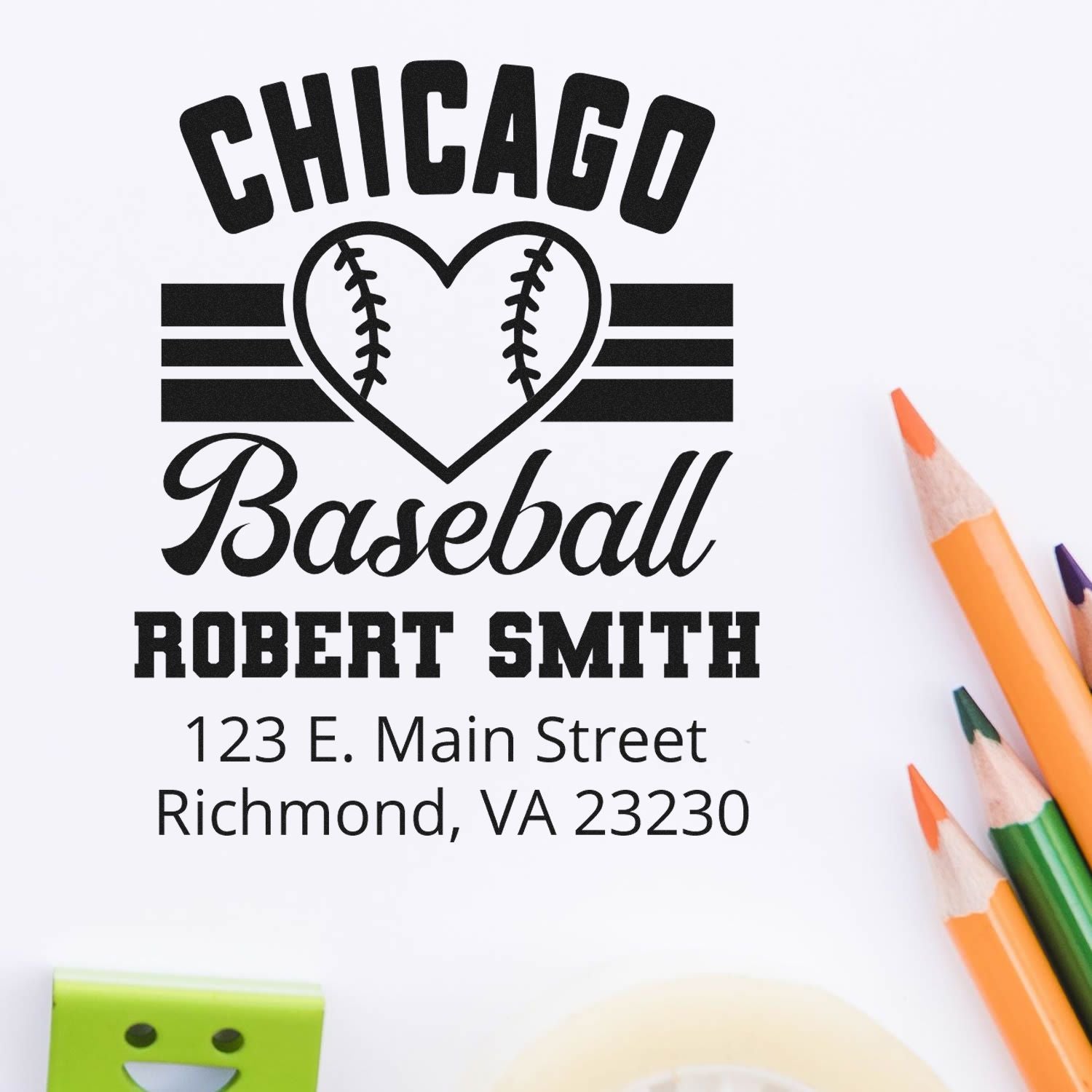 Custom Chicago baseball rubber stamp with heart design, name, and address for personalized return address or craft stamping.