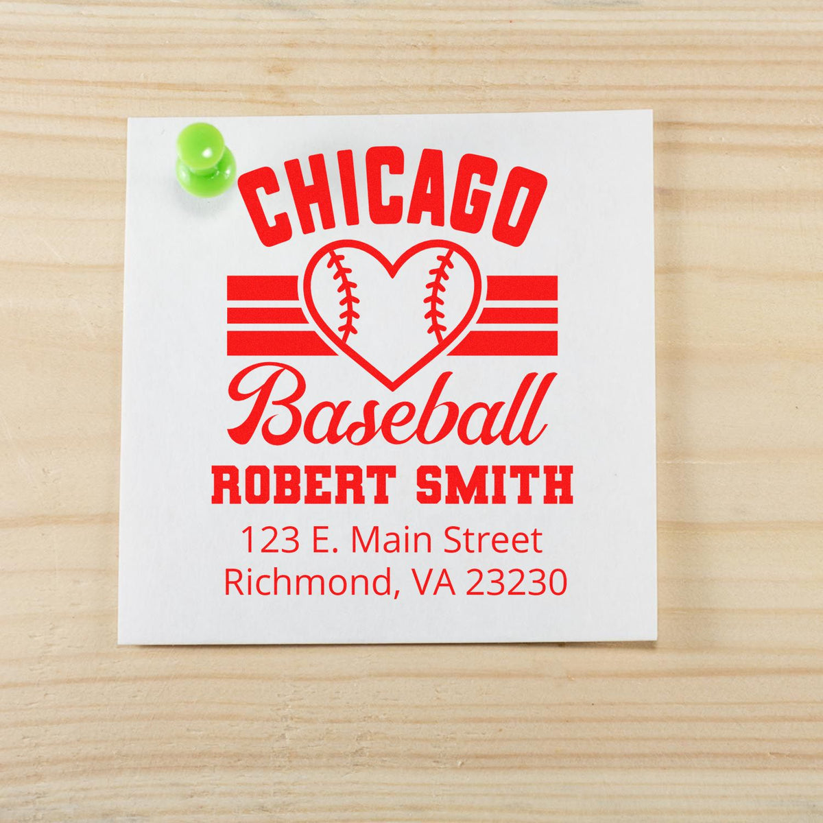 Custom Chicago baseball return address stamp with name, address, and heart logo for personalized stationery.