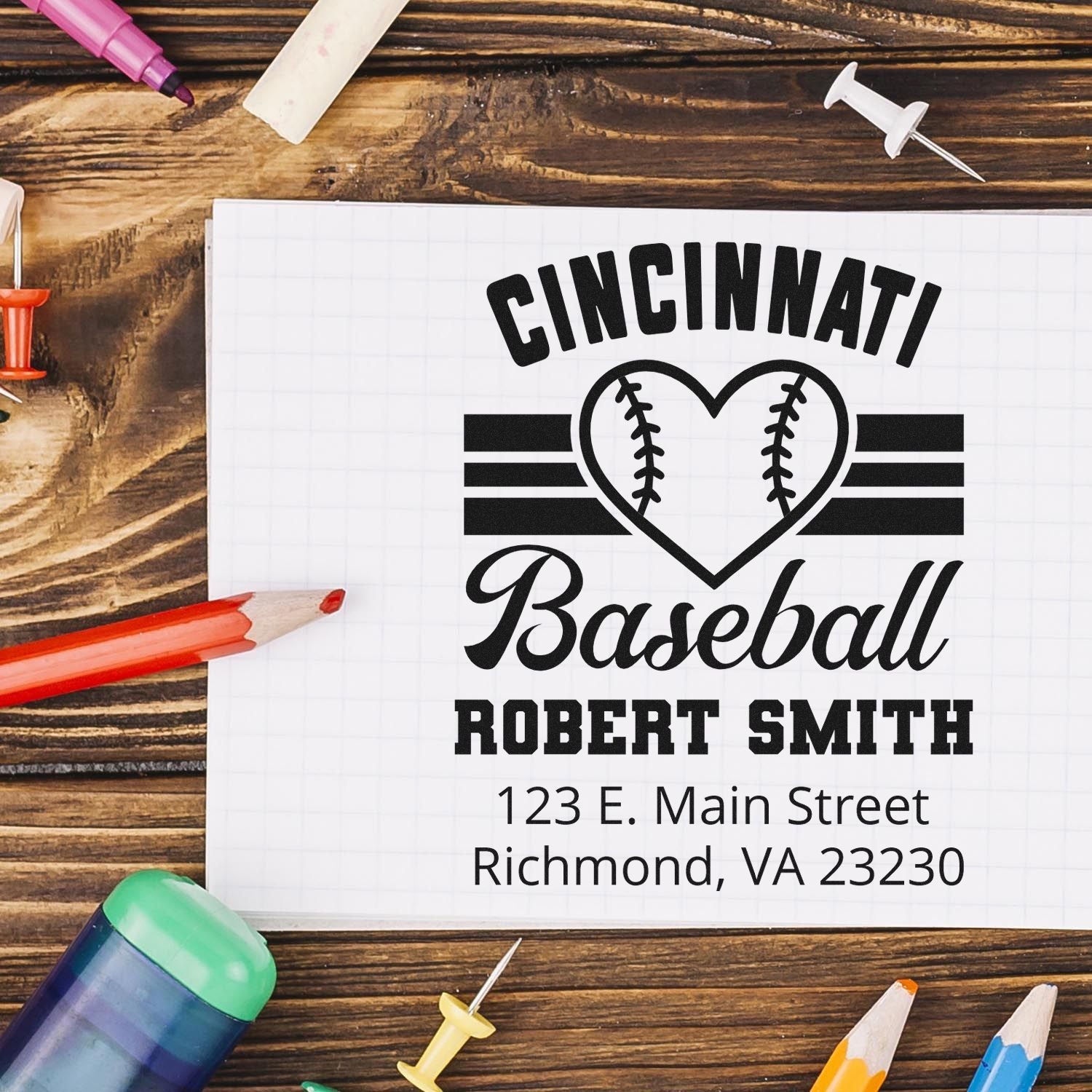 Personalized Cincinnati baseball address rubber stamp with heart logo, name, and address for custom stationery.