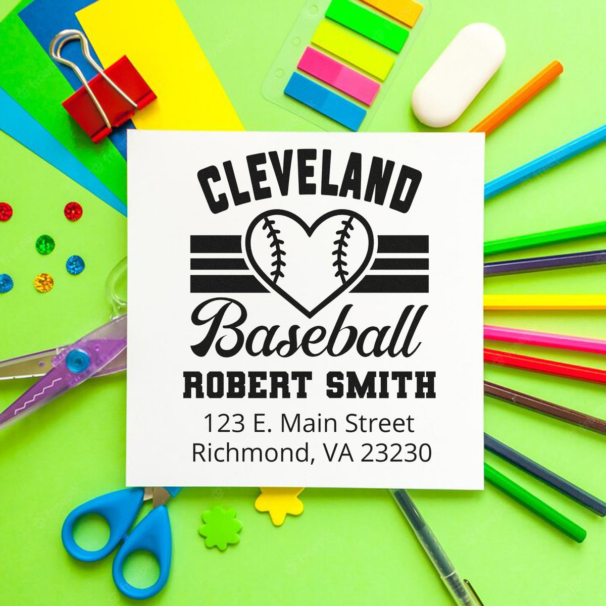 Custom baseball return address rubber stamp with Cleveland Baseball, name, and address, styled with colorful school supplies.