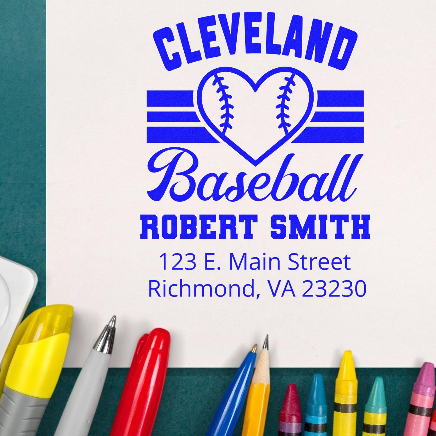 Custom Cleveland Baseball address stamp for Robert Smith, featuring heart logo and Richmond, VA address.