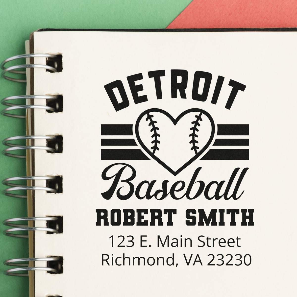 Personalized Detroit Baseball rubber stamp with name and address, custom sports-themed stamp for Robert Smith stationery.