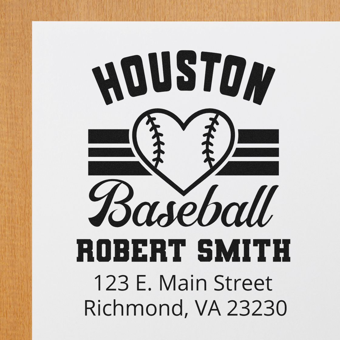 Custom Houston baseball rubber stamp for Robert Smith with heart logo and address, 123 E. Main Street, Richmond, VA 23230.