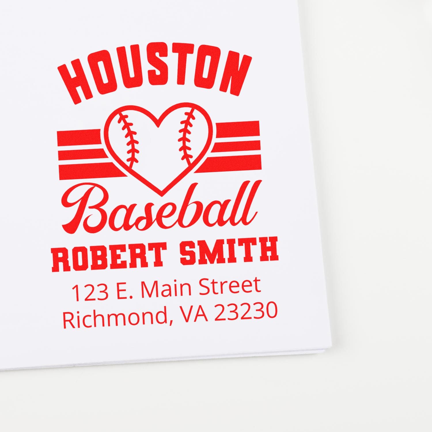 Custom Houston baseball rubber stamp with heart logo, name, and return address for personalized mailing.