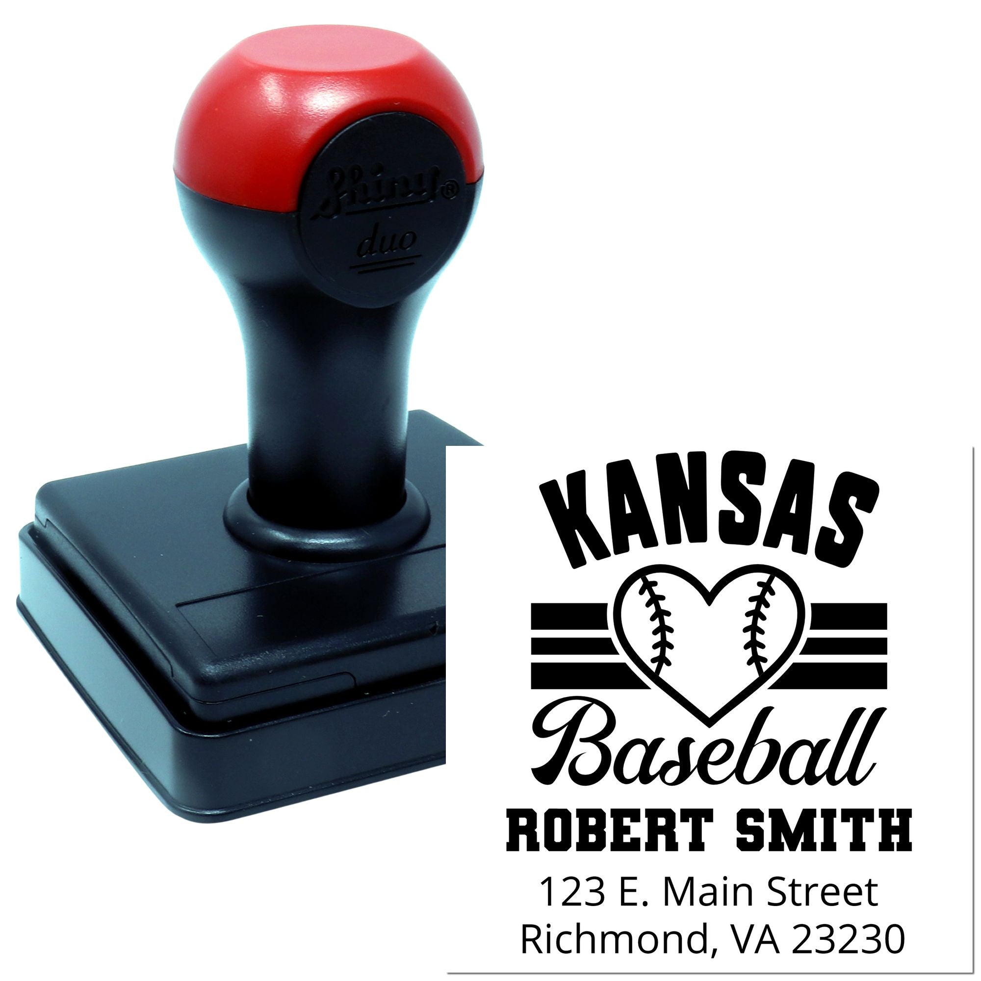 Custom self-inking baseball rubber stamp for Kansas, personalized with Robert Smith name and Richmond, VA address.