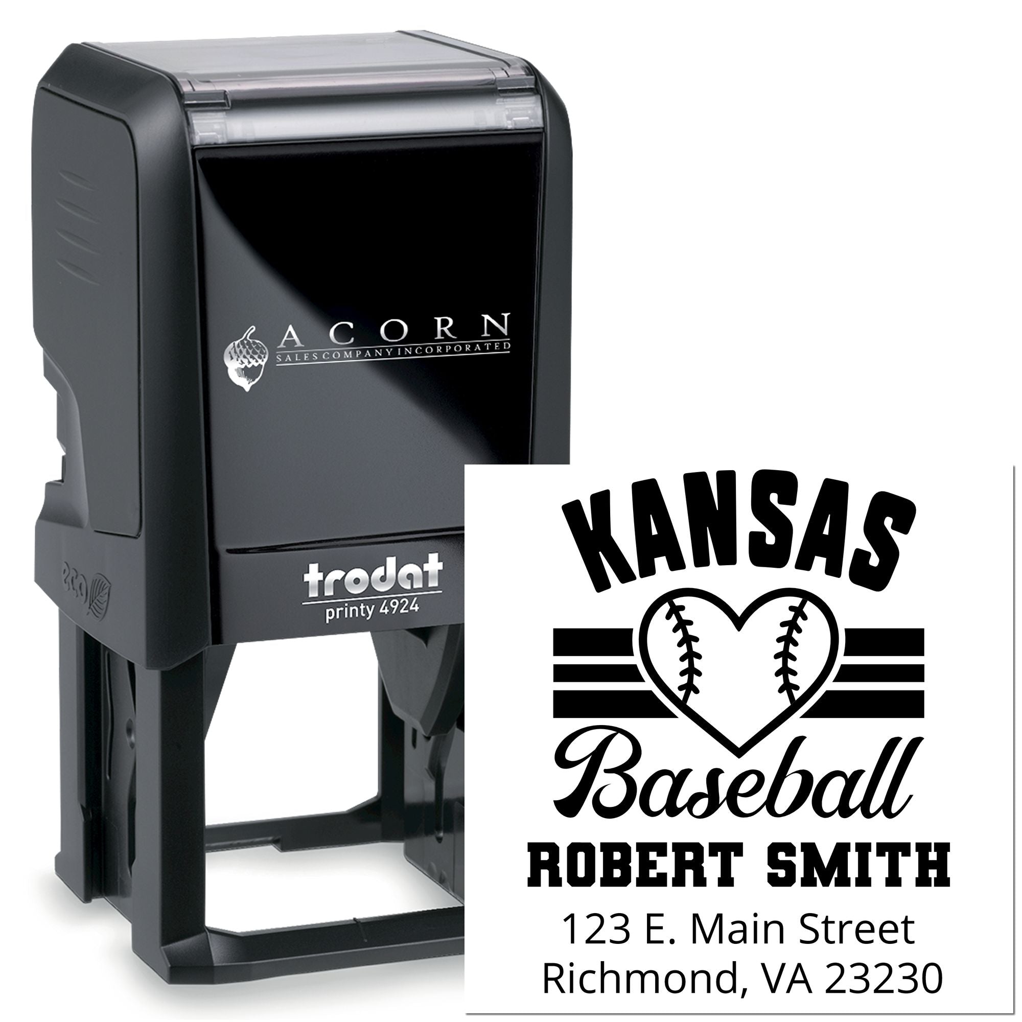 Custom Trodat self-inking rubber stamp with Kansas baseball name and return address design