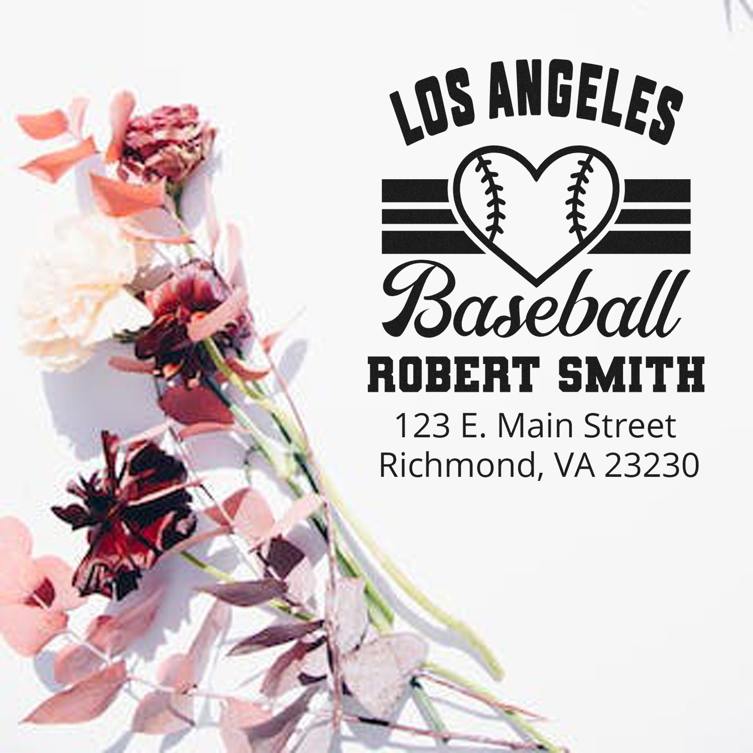 Custom Los Angeles baseball return address stamp with heart logo, personalized for Robert Smith, Richmond VA 23230