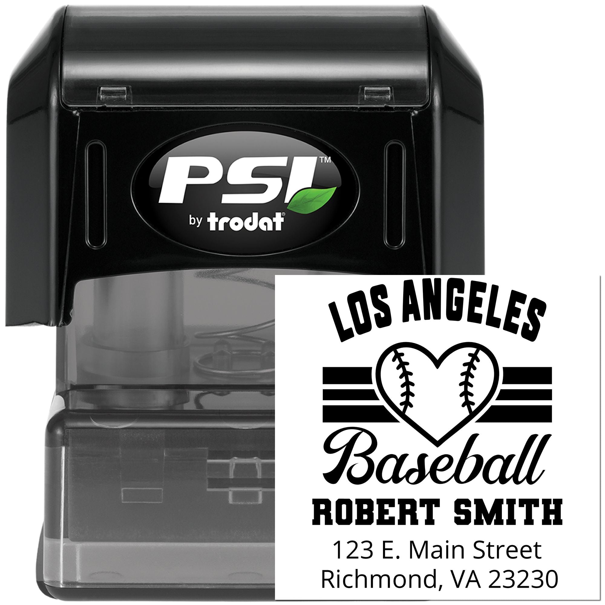 Custom self-inking rubber stamp with Los Angeles baseball design, name, and address for personalized mailings.