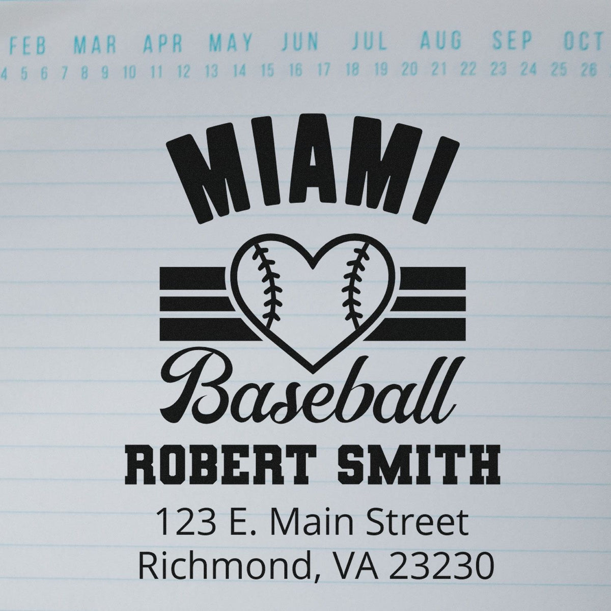 Custom baseball rubber stamp with name and address, featuring Miami baseball design for personalized mail and sports branding.