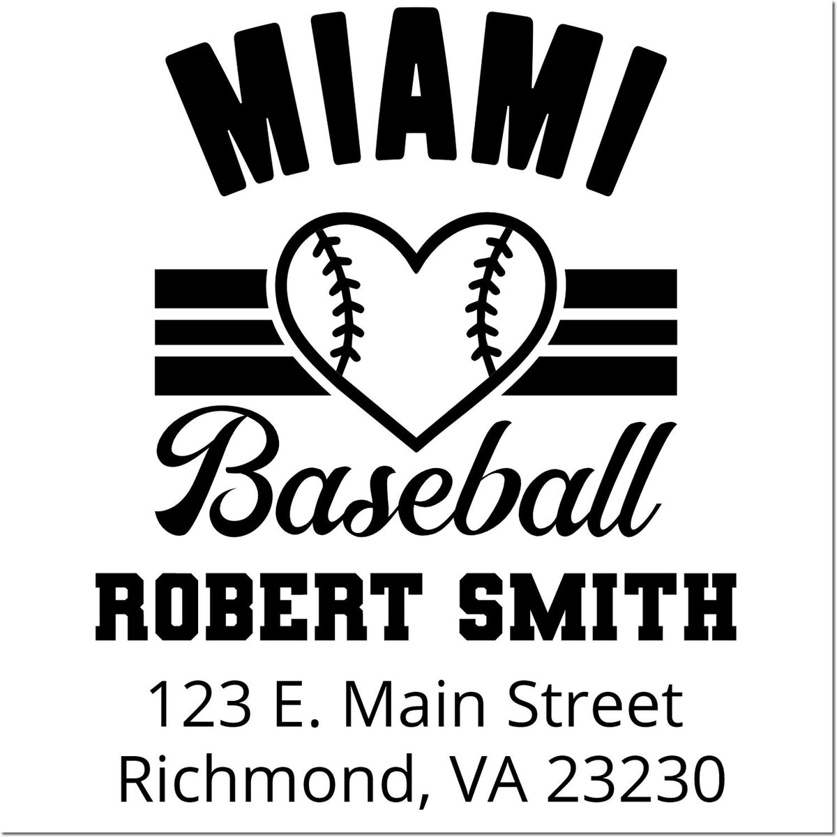 Custom baseball mom rubber stamp with heart logo, Robert Smith name, and Richmond, VA 23230 address.