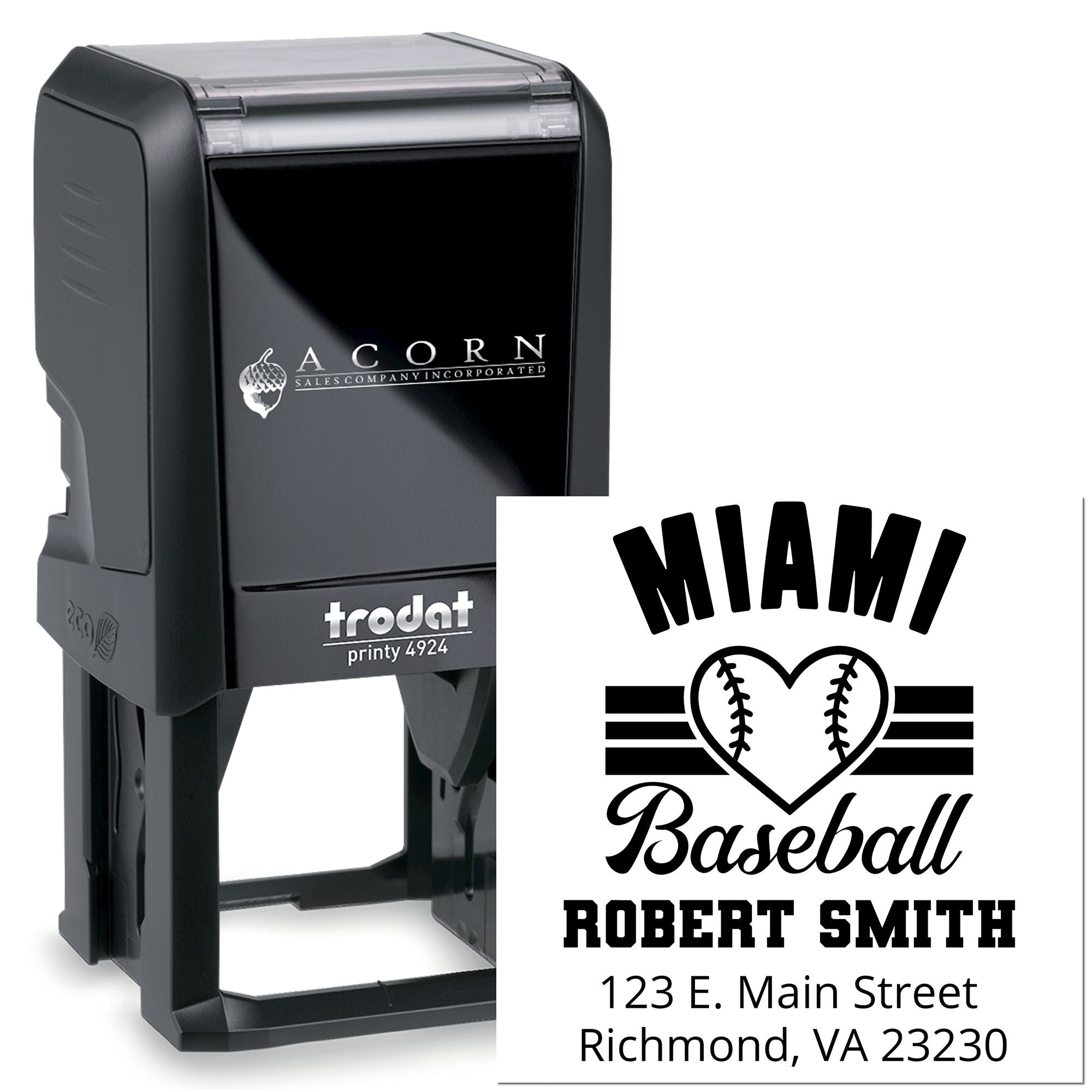 Custom self-inking baseball rubber stamp with name and address, ideal for personalized sports mailings and team branding.