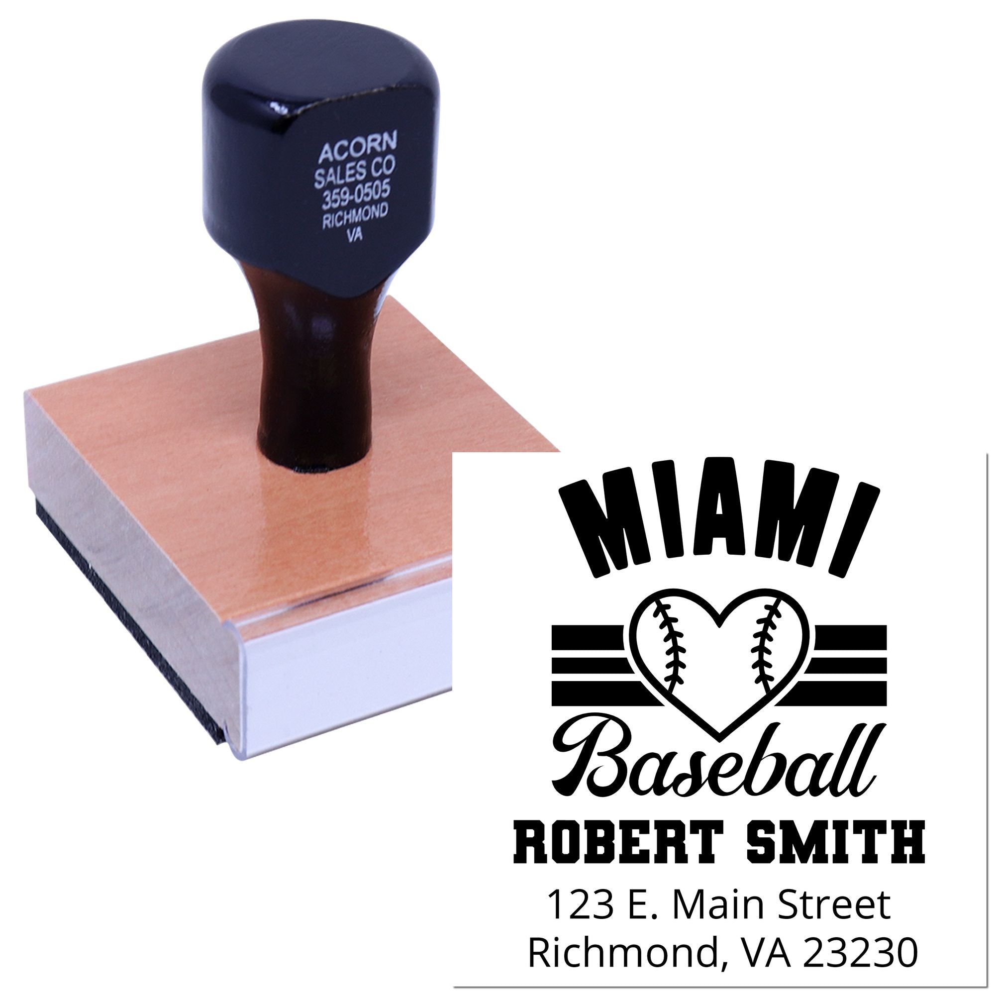 Custom baseball mom rubber stamp with name and address for personalized mailings, team fan gifts, and business branding.