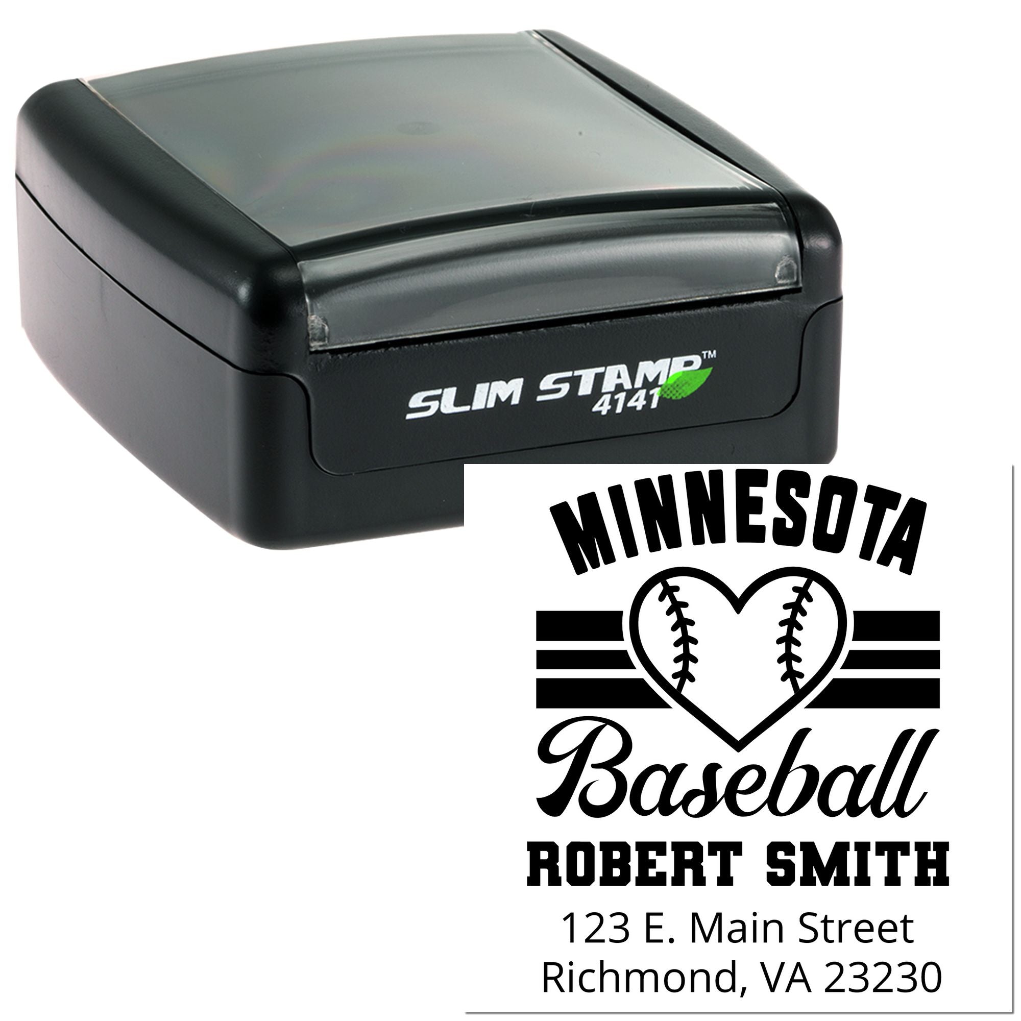 Custom self-inking rubber stamp with Minnesota baseball logo, Robert Smith name, and address for personalized mailings.